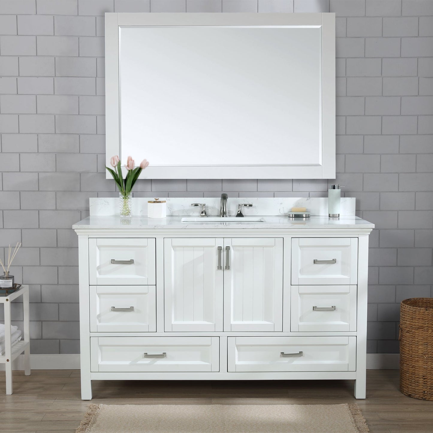 Isla 60" Single Bathroom Vanity Set in White and Aosta White Engineered Stone Countertop with Mirror