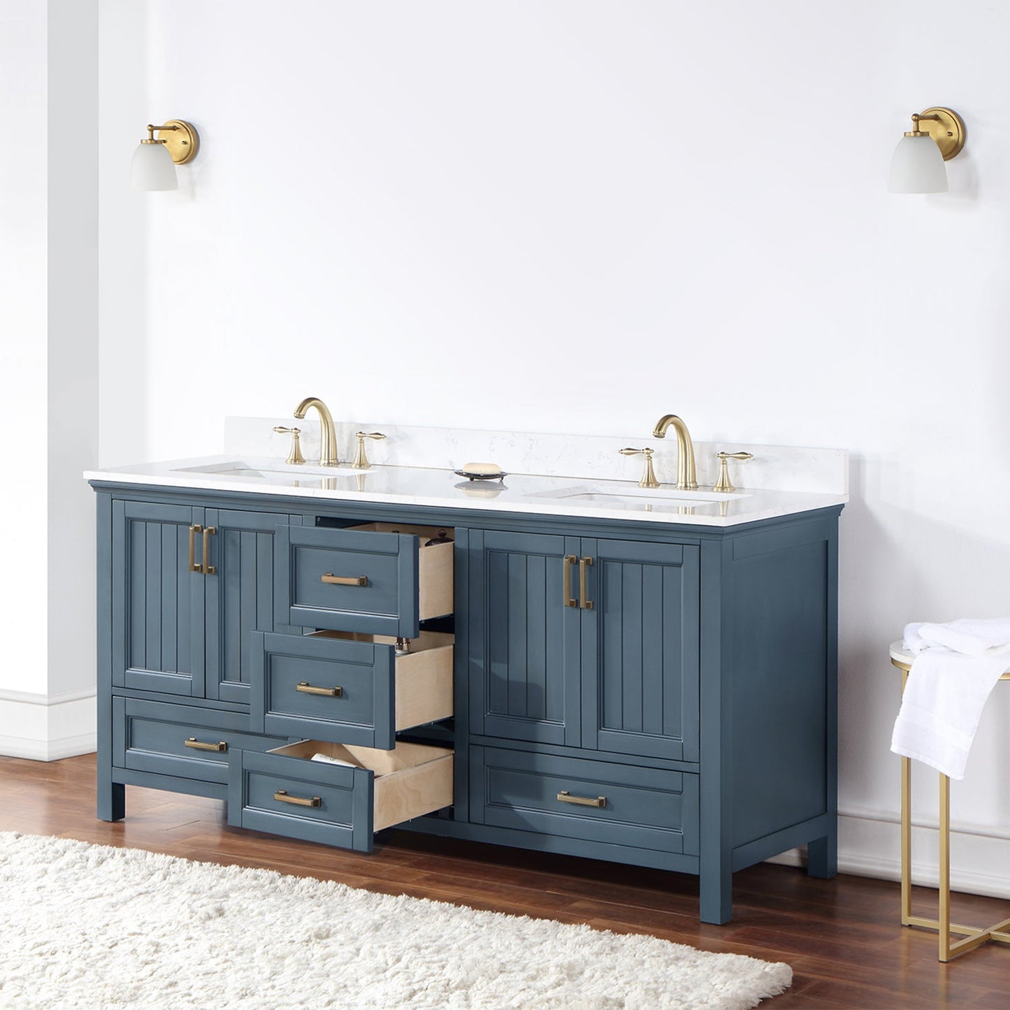 Isla 72" Double Bathroom Vanity Set in Classic Blue and Aosta White Engineered Stone Countertop without Mirror