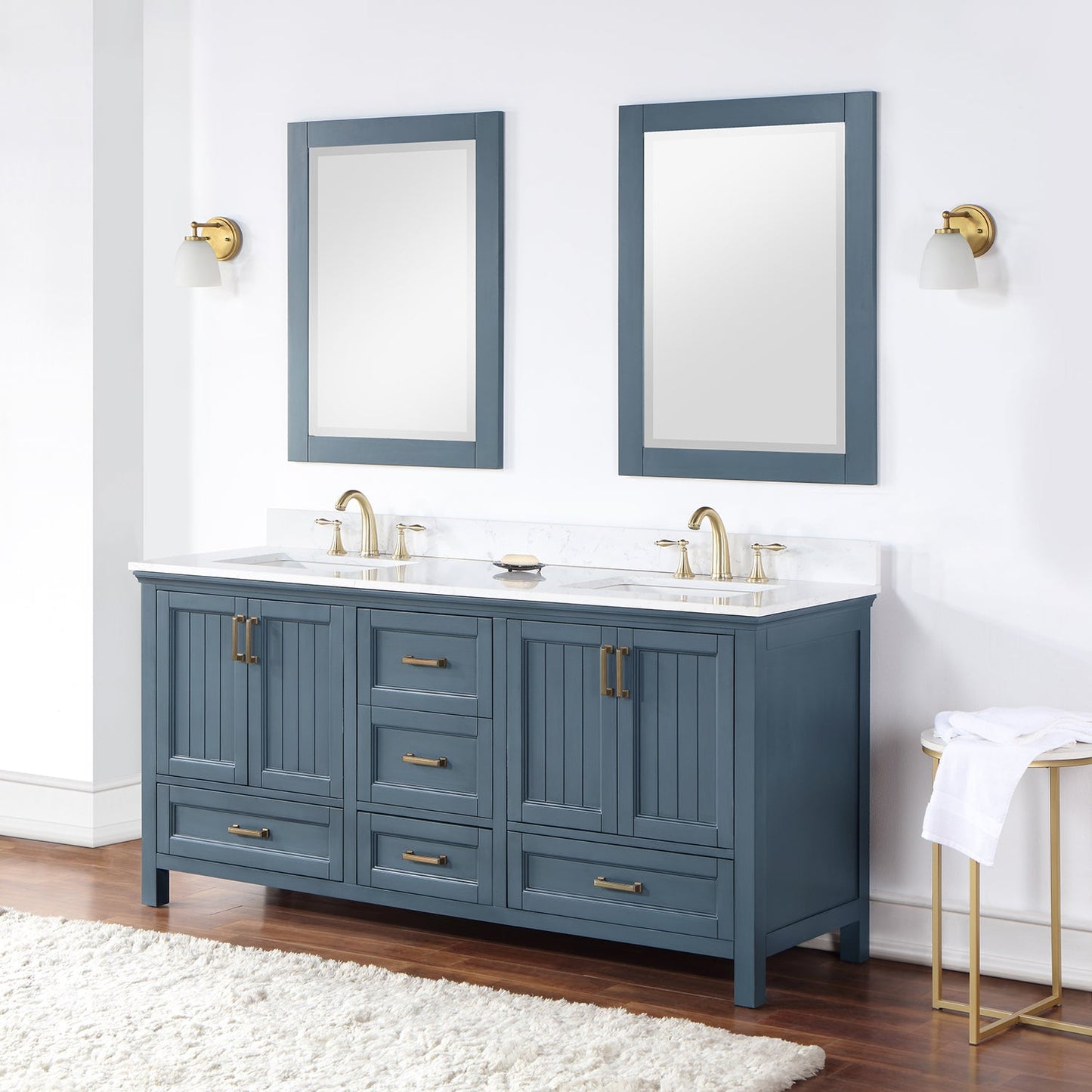 Isla 72" Double Bathroom Vanity Set in Classic Blue and Aosta White Engineered Stone Countertop with Mirror