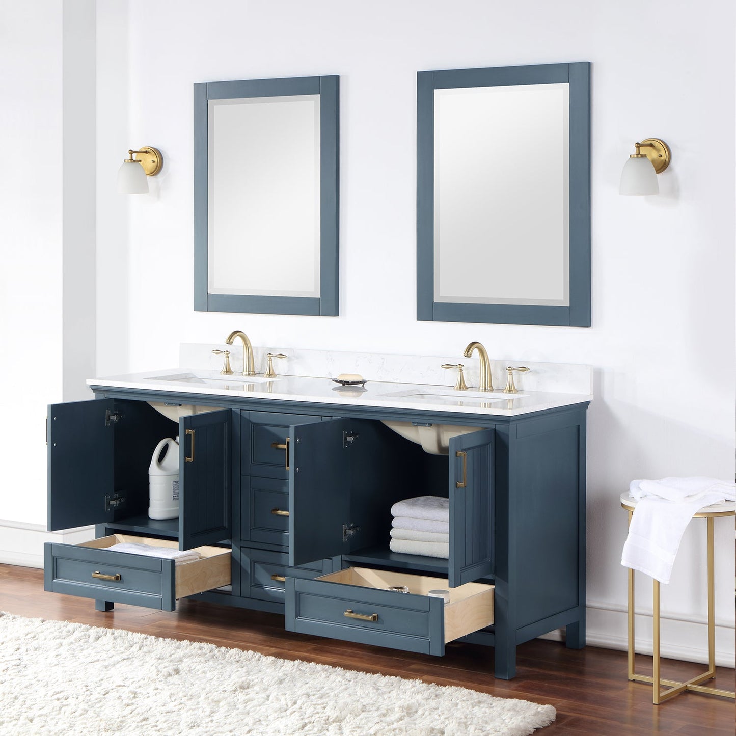 Isla 72" Double Bathroom Vanity Set in Classic Blue and Aosta White Engineered Stone Countertop with Mirror
