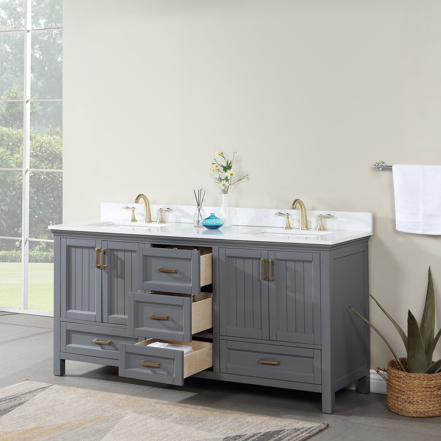 Isla 72" Double Bathroom Vanity Set in Gray and Aosta White Engineered Stone Countertop without Mirror