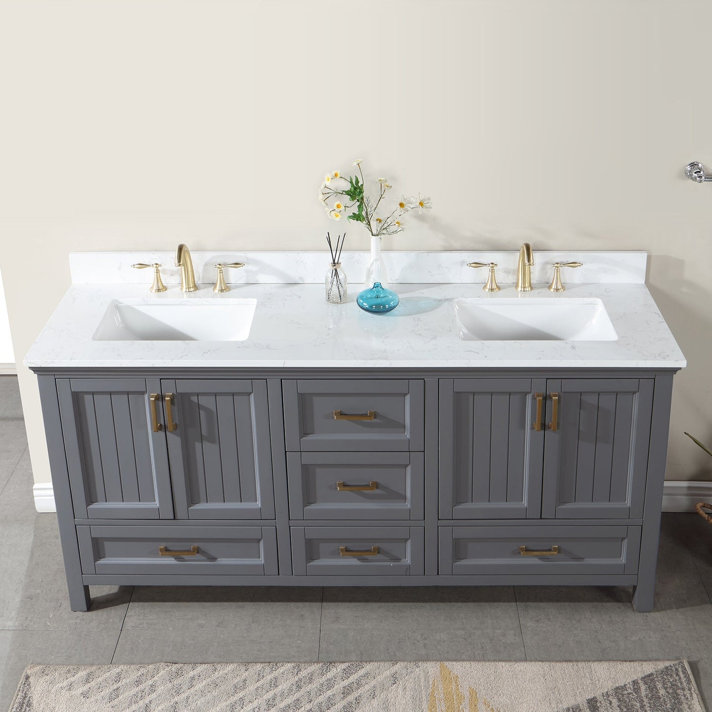 Isla 72" Double Bathroom Vanity Set in Gray and Aosta White Engineered Stone Countertop without Mirror