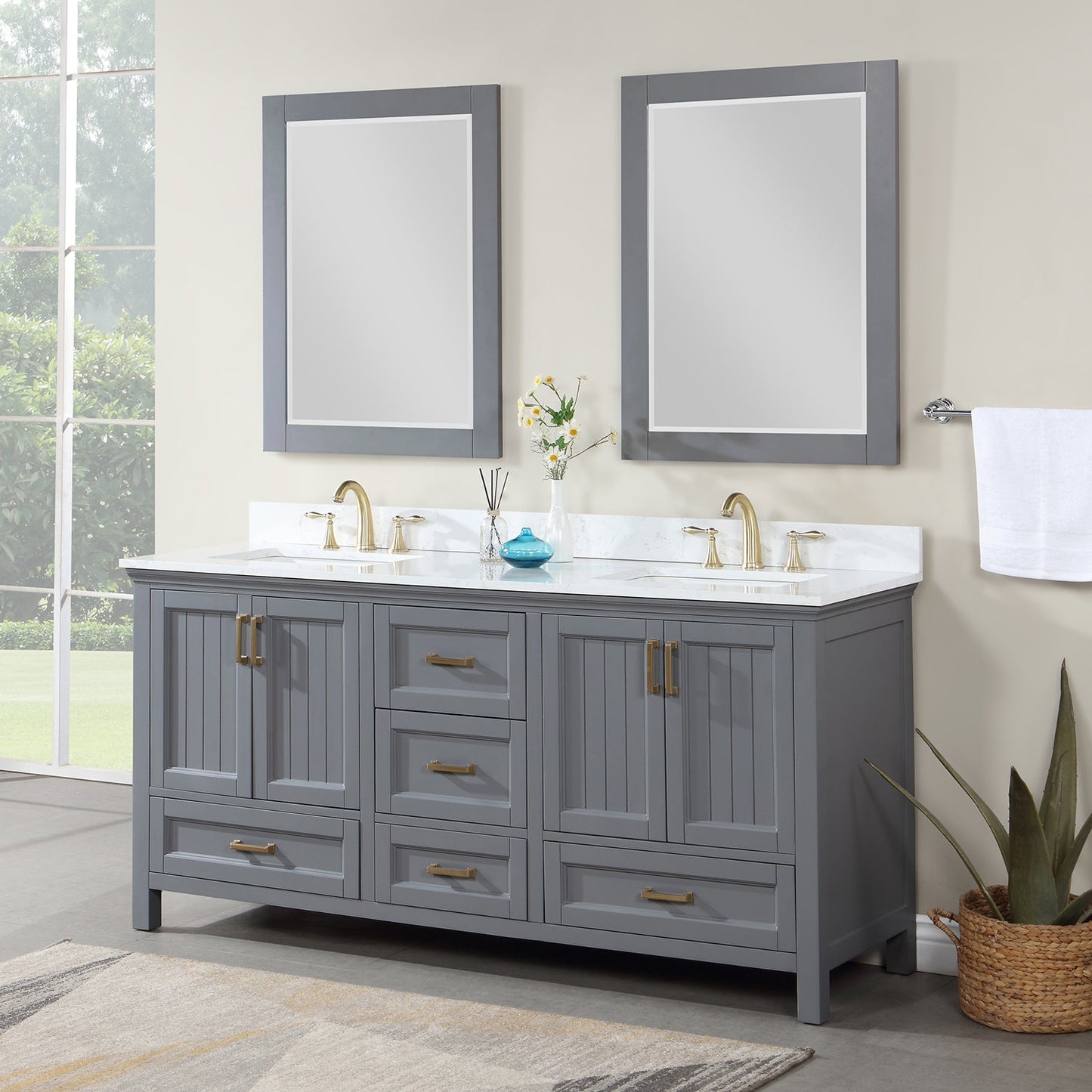 Isla 72" Double Bathroom Vanity Set in Gray and Aosta White Engineered Stone Countertop with Mirror
