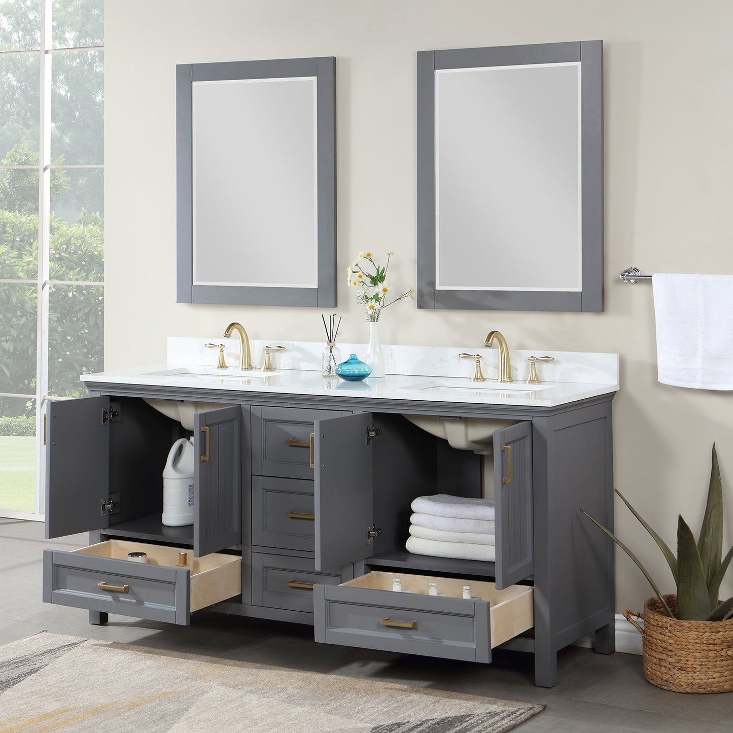 Isla 72" Double Bathroom Vanity Set in Gray and Aosta White Engineered Stone Countertop with Mirror