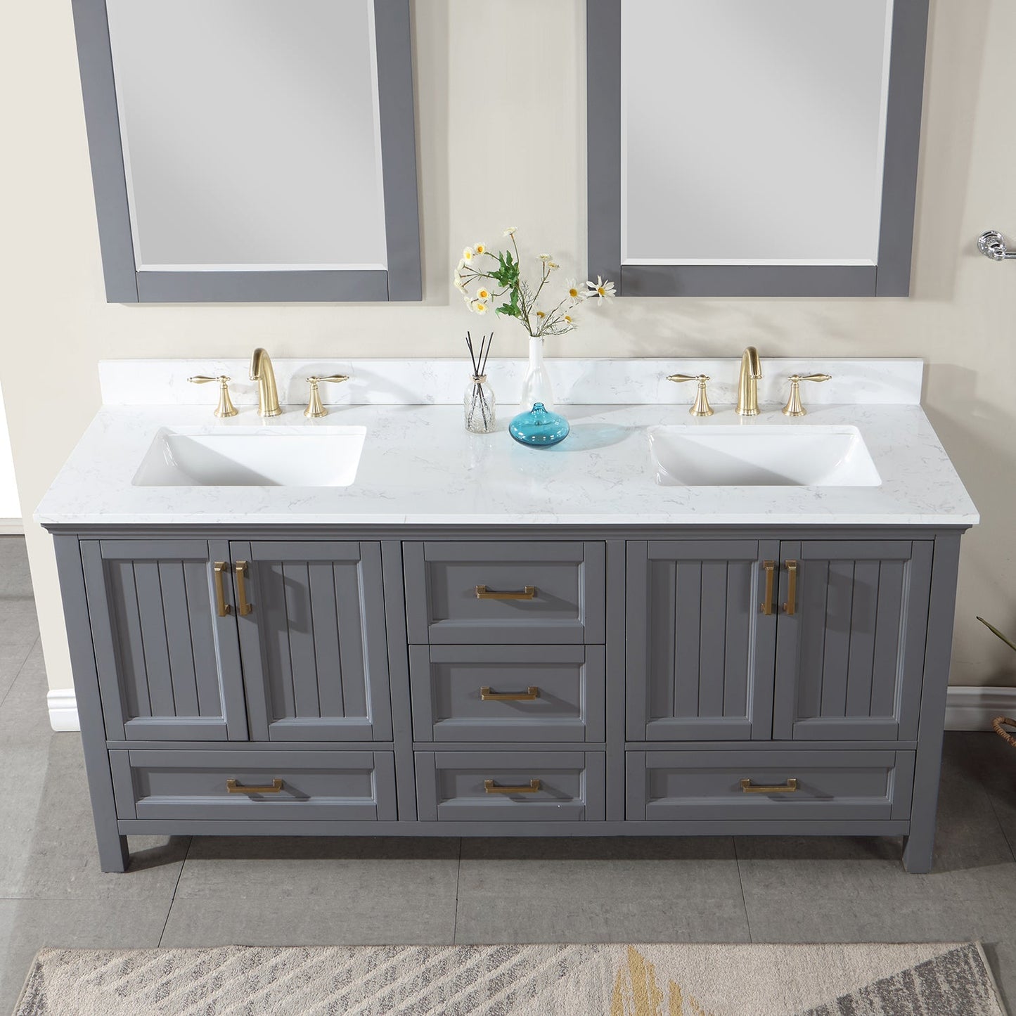 Isla 72" Double Bathroom Vanity Set in Gray and Aosta White Engineered Stone Countertop with Mirror