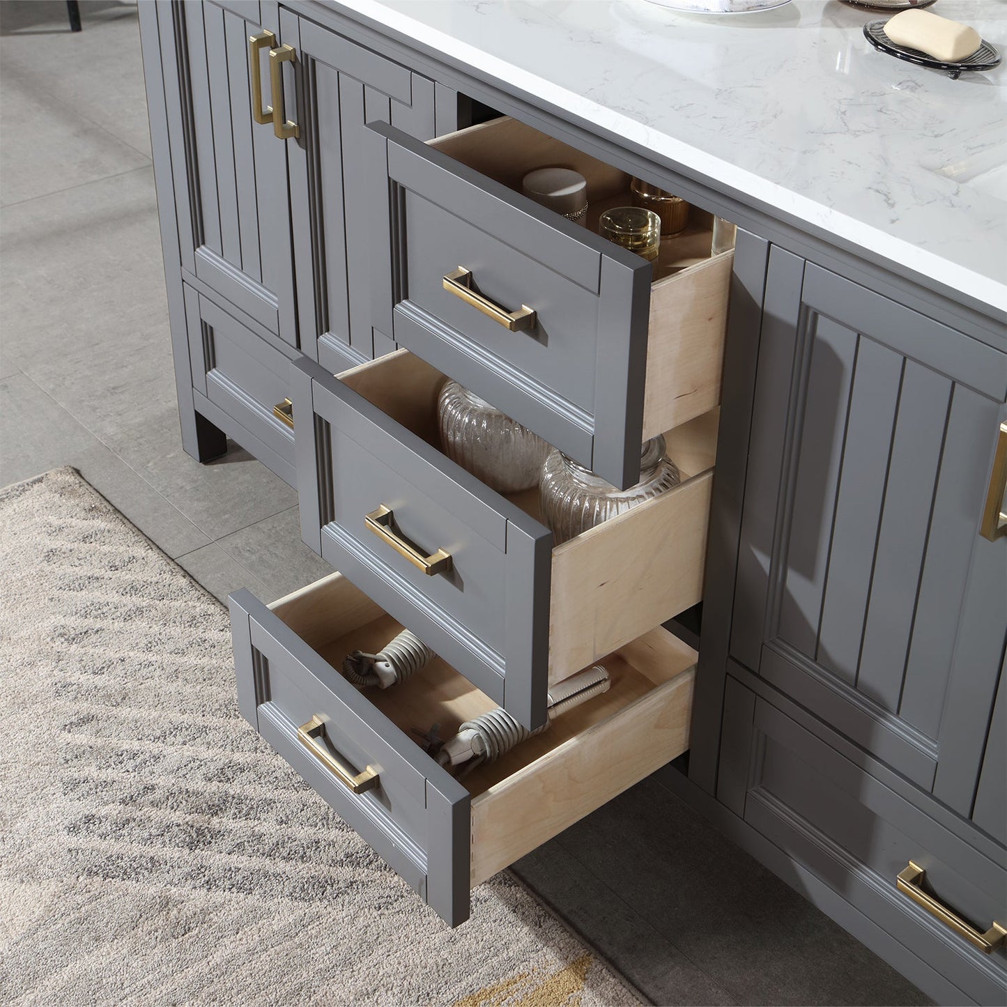 Isla 72" Double Bathroom Vanity Set in Gray and Aosta White Engineered Stone Countertop with Mirror