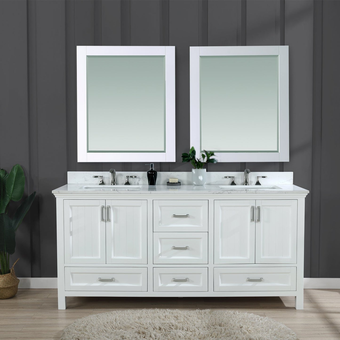 Isla 72" Double Bathroom Vanity Set in White and Aosta White Engineered Stone Countertop with Mirror