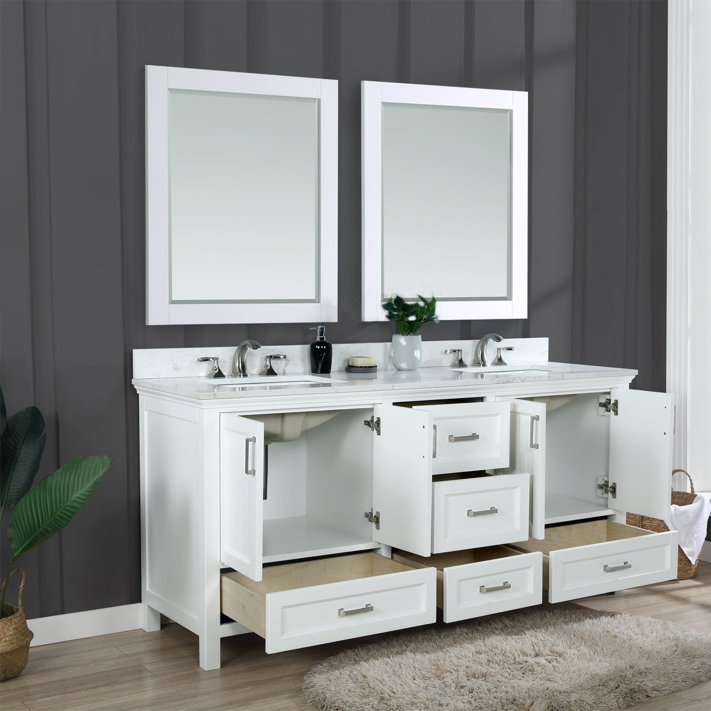 Isla 72" Double Bathroom Vanity Set in White and Aosta White Engineered Stone Countertop with Mirror