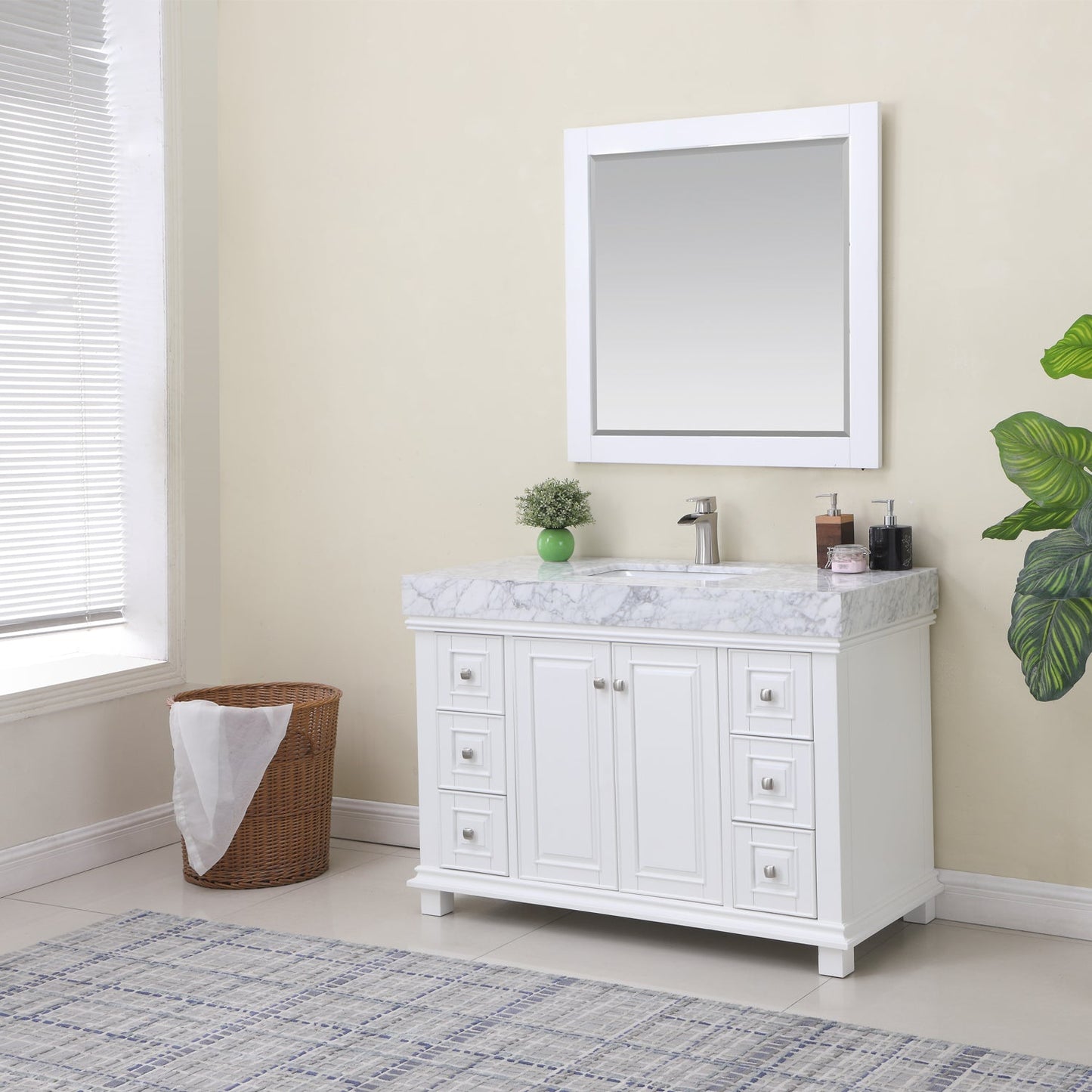 Jardin 48" Single Bathroom Vanity Set in White and Carrara White Marble Countertop with Mirror