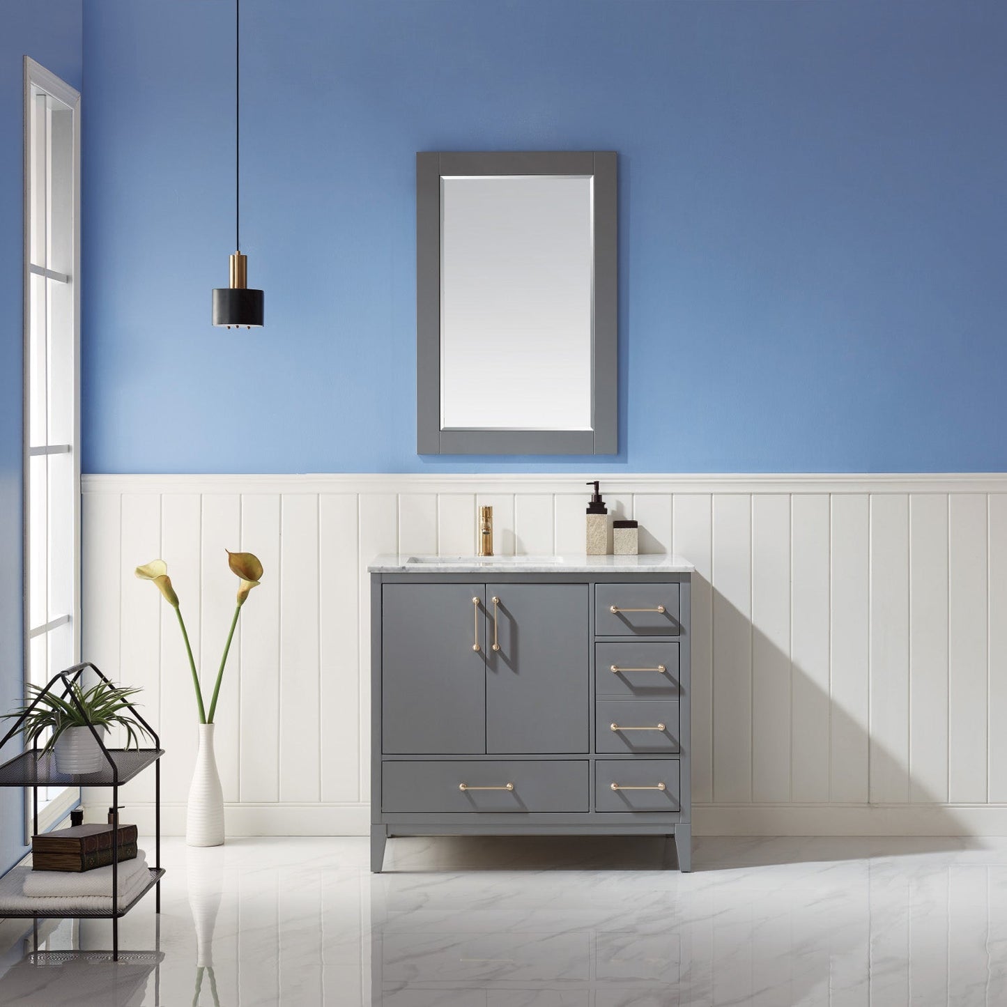 Sutton 36" Single Bathroom Vanity Set in Gray and Carrara White Marble Countertop with Mirror