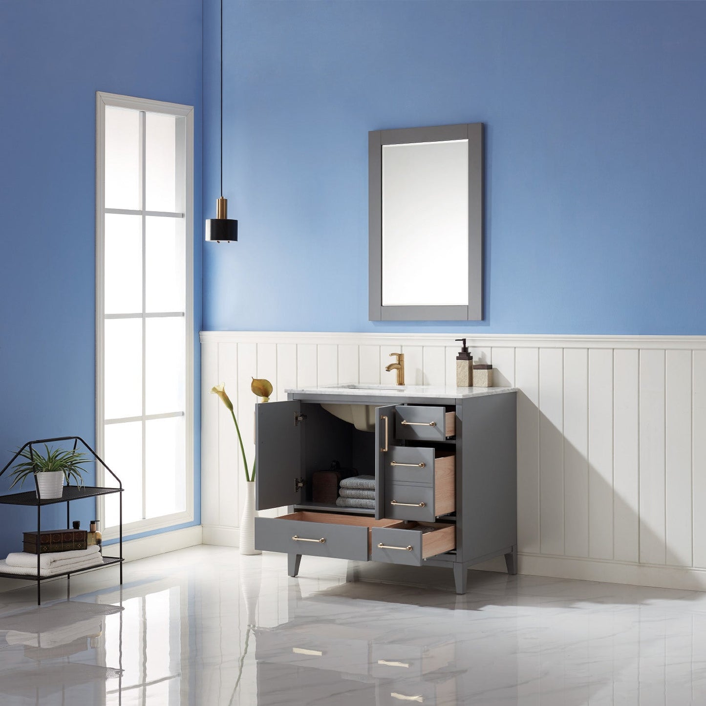 Sutton 36" Single Bathroom Vanity Set in Gray and Carrara White Marble Countertop with Mirror