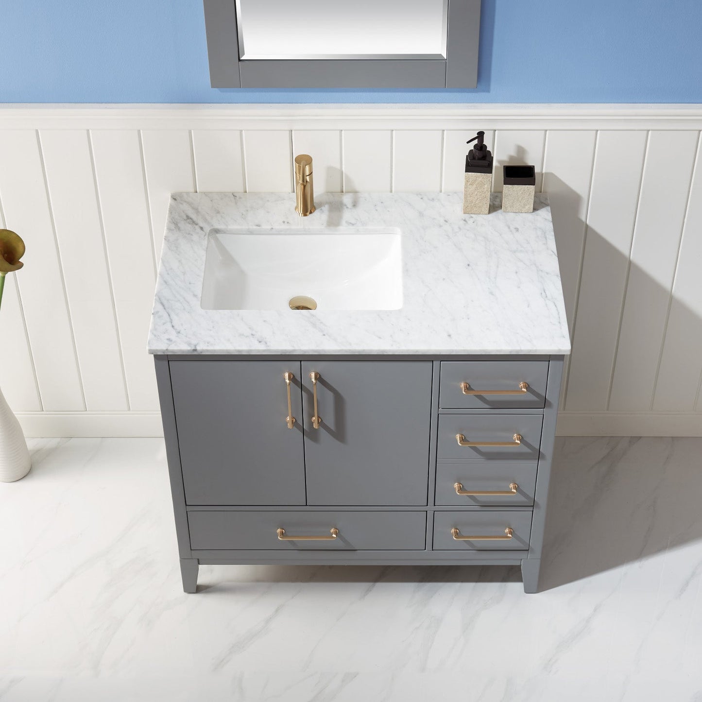 Sutton 36" Single Bathroom Vanity Set in Gray and Carrara White Marble Countertop with Mirror