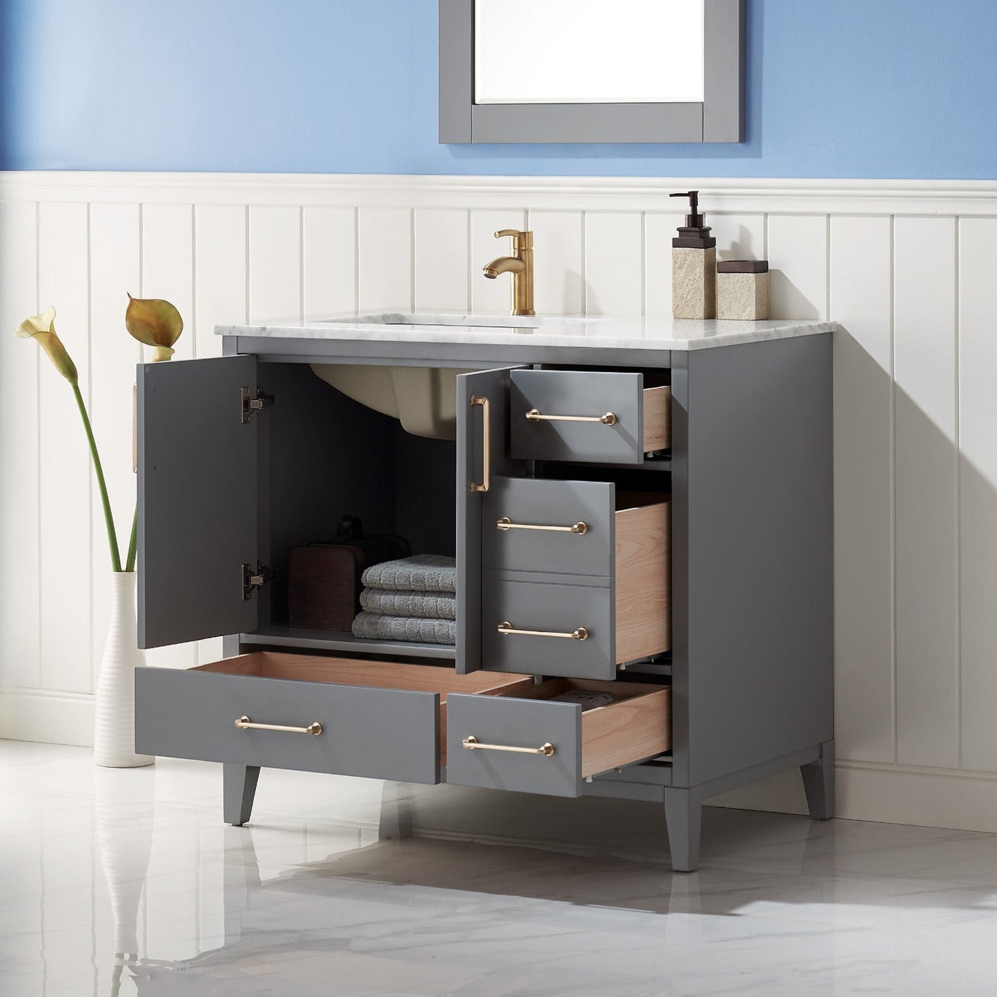 Sutton 36" Single Bathroom Vanity Set in Gray and Carrara White Marble Countertop with Mirror