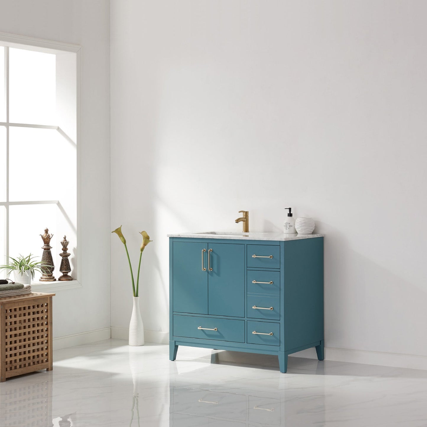 Sutton 36" Single Bathroom Vanity Set in Royal Green and Carrara White Marble Countertop without Mirror