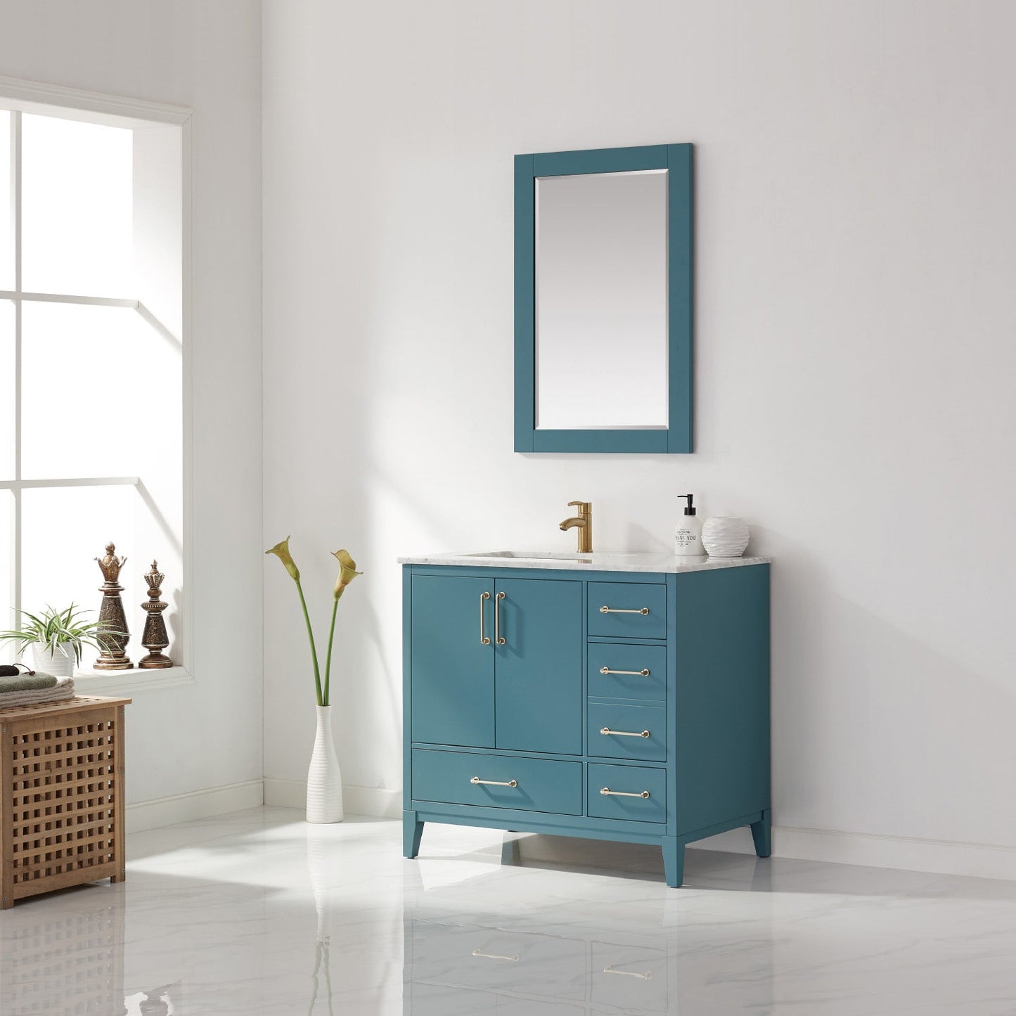 Sutton 36" Single Bathroom Vanity Set in Royal Green and Carrara White Marble Countertop with Mirror