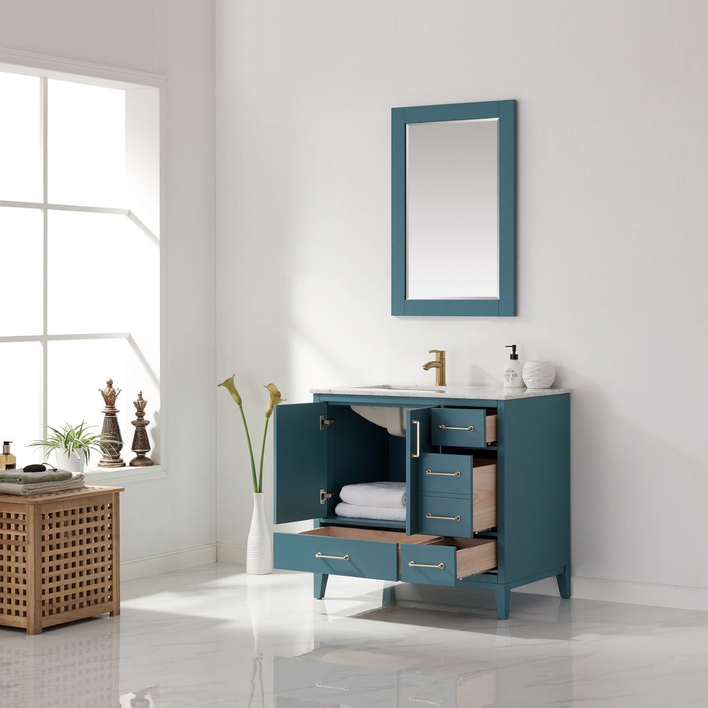 Sutton 36" Single Bathroom Vanity Set in Royal Green and Carrara White Marble Countertop with Mirror