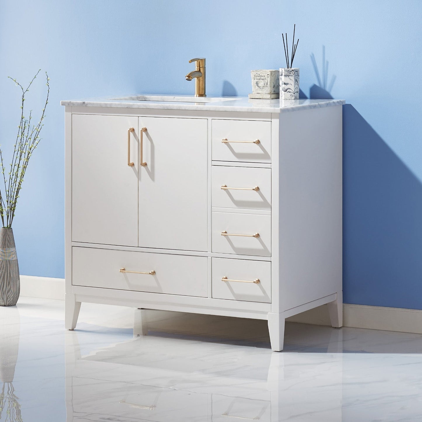 Sutton 36" Single Bathroom Vanity Set in White and Carrara White Marble Countertop without Mirror