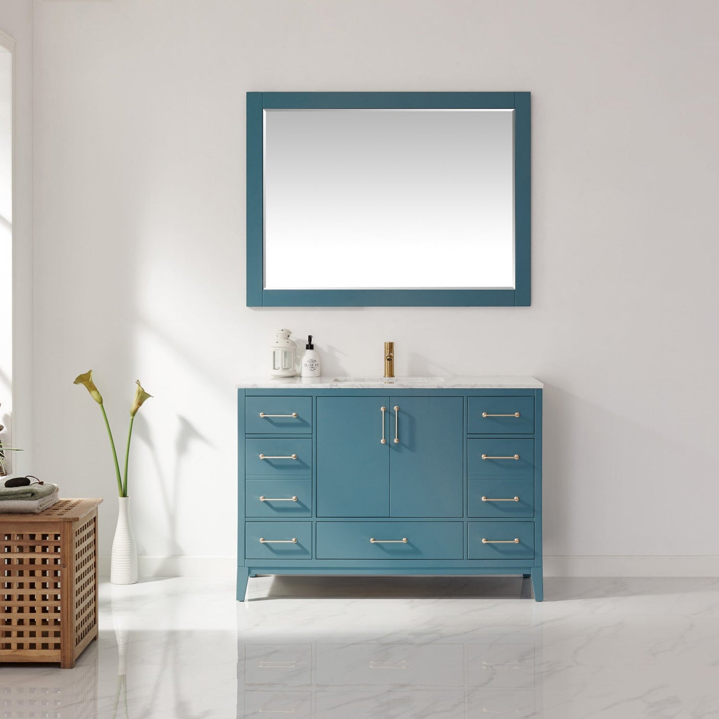 Sutton 48" Single Bathroom Vanity Set in Royal Green and Carrara White Marble Countertop with Mirror