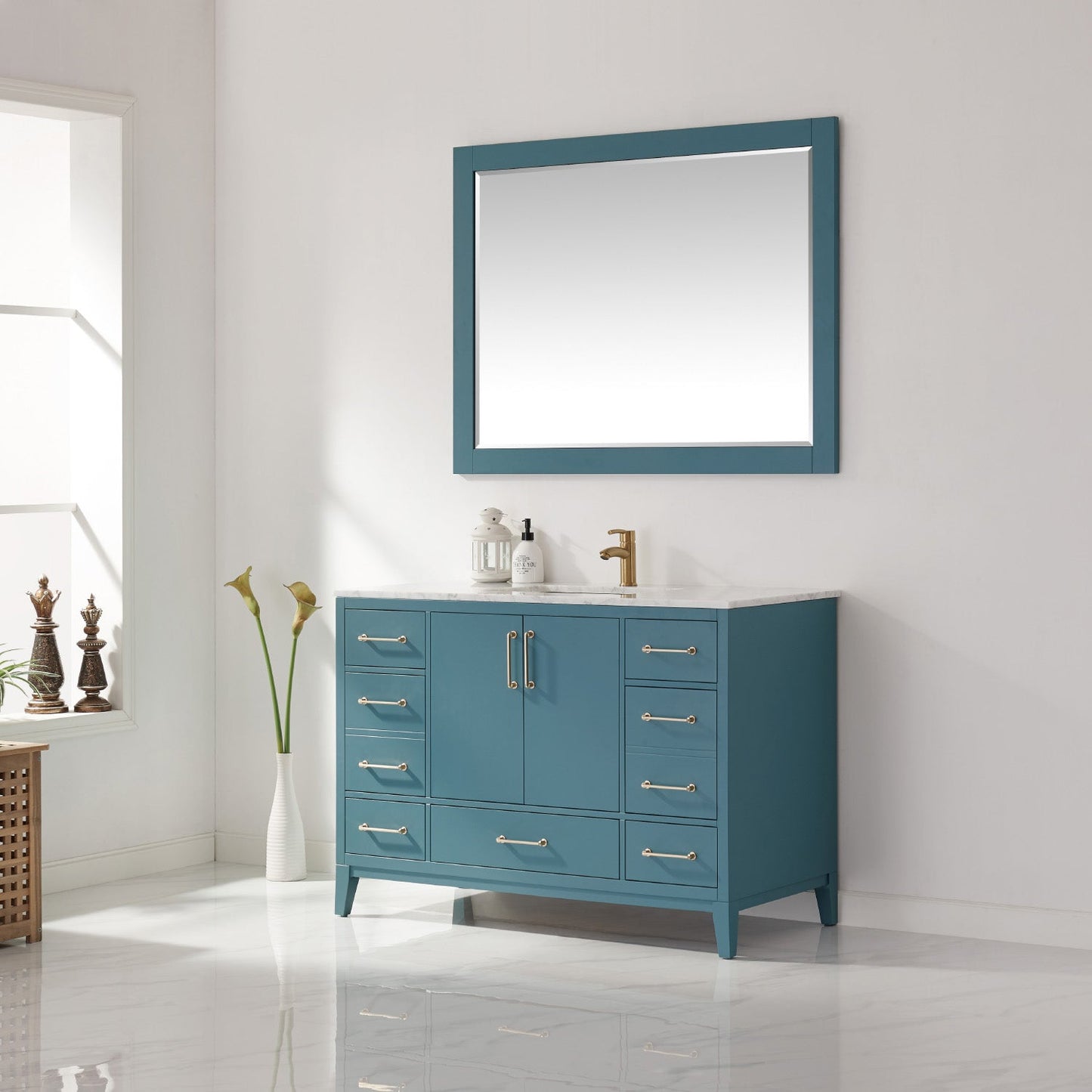 Sutton 48" Single Bathroom Vanity Set in Royal Green and Carrara White Marble Countertop with Mirror