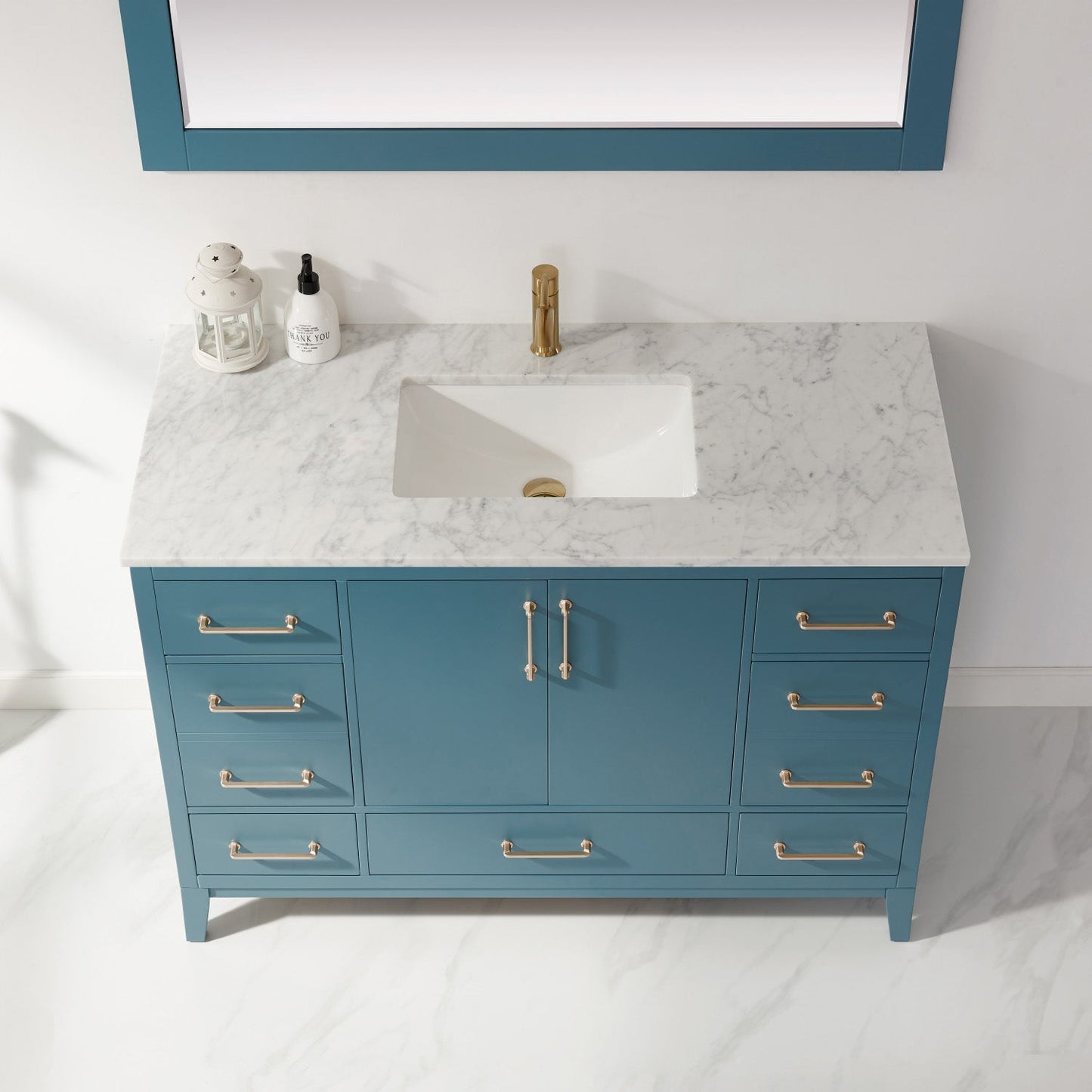 Sutton 48" Single Bathroom Vanity Set in Royal Green and Carrara White Marble Countertop with Mirror