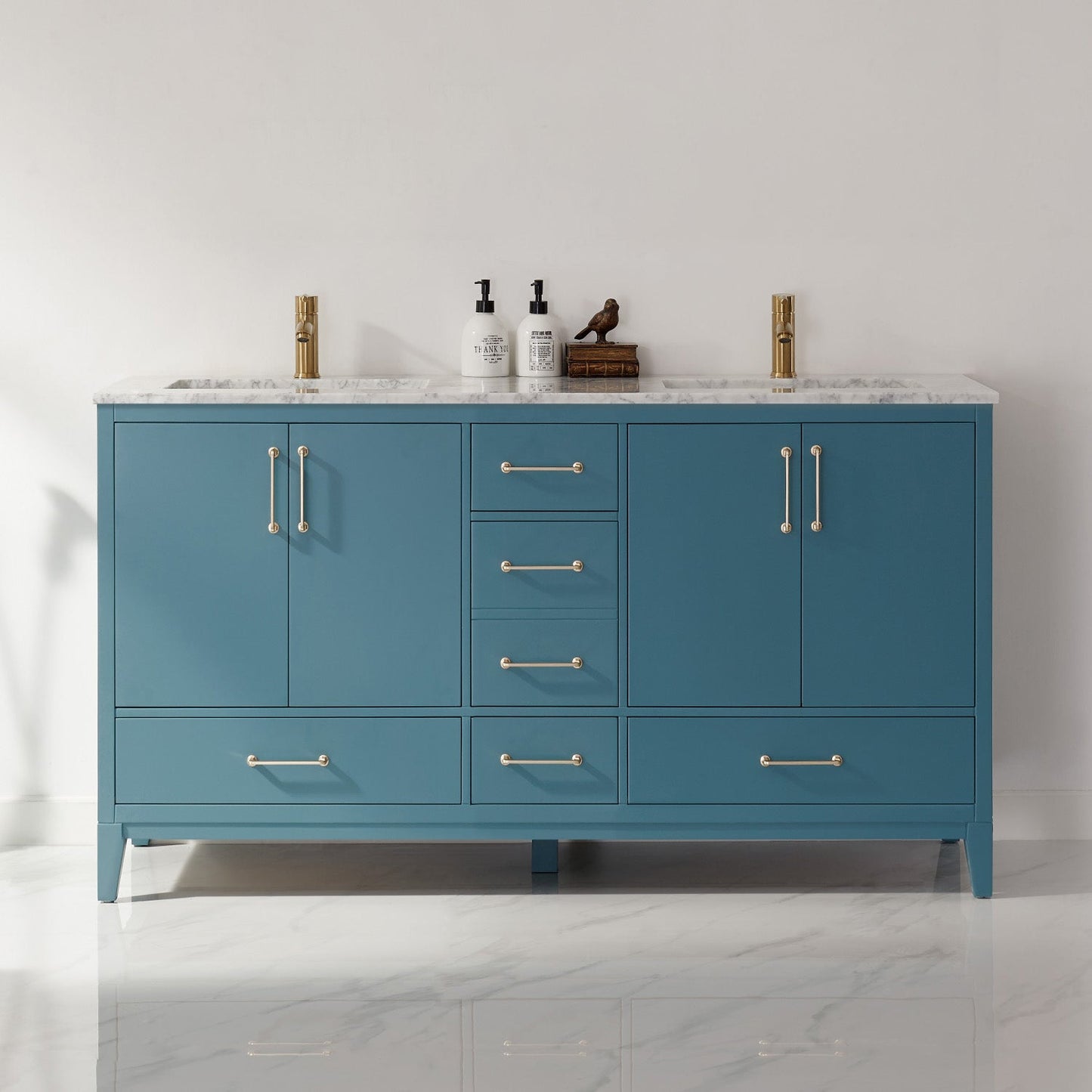 Sutton 60" Double Bathroom Vanity Set in Royal Green and Carrara White Marble Countertop without Mirror