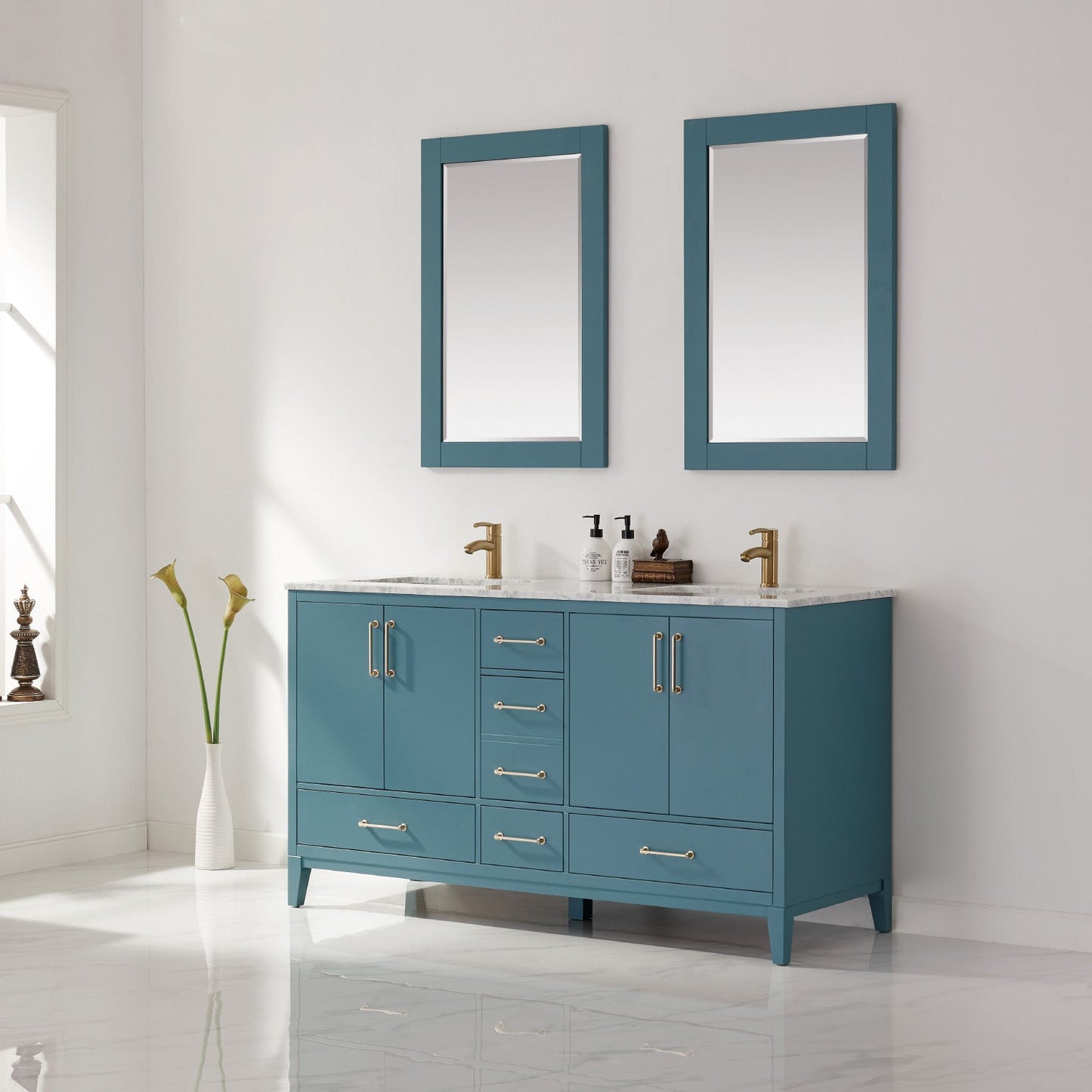 Sutton 60" Double Bathroom Vanity Set in Royal Green and Carrara White Marble Countertop with Mirror