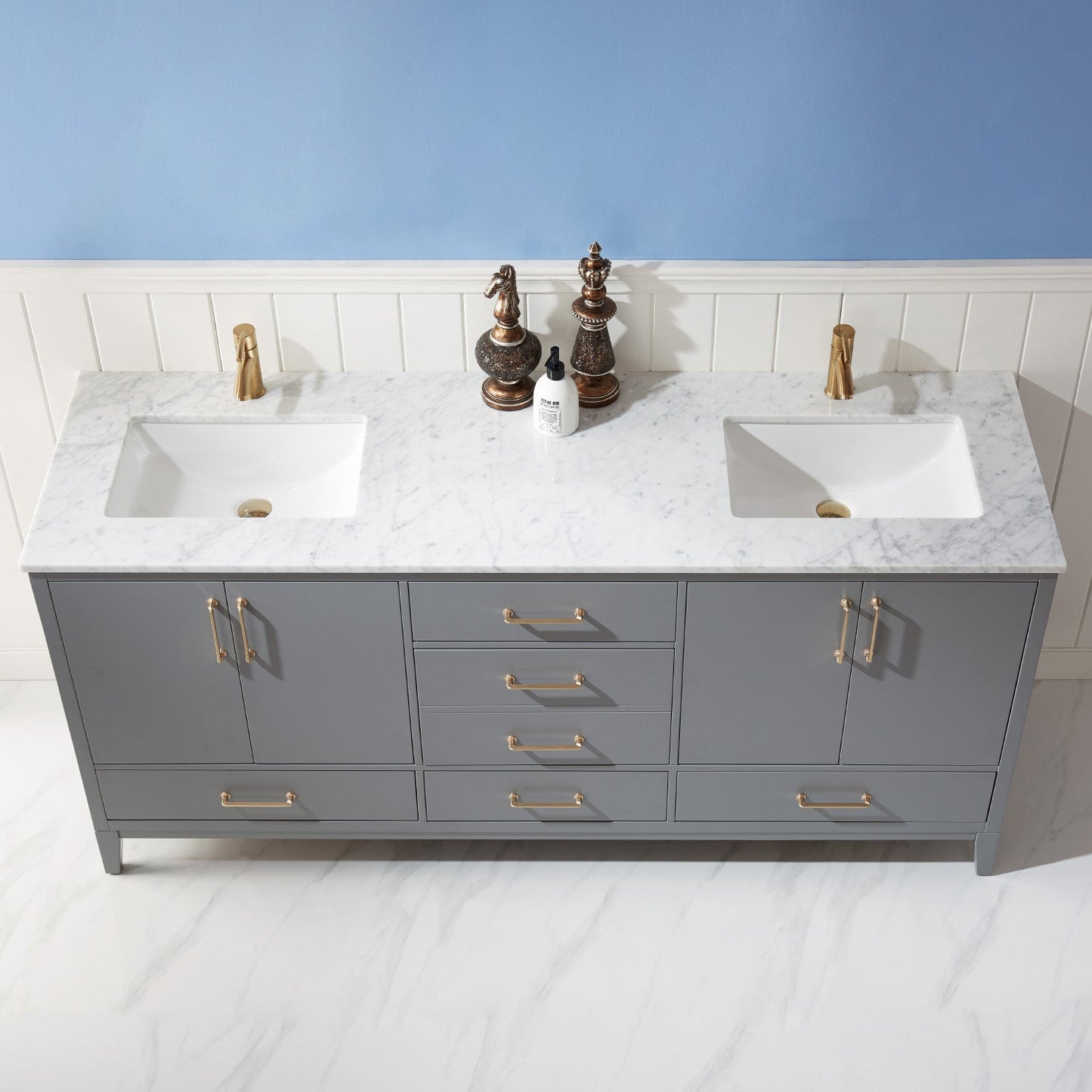Sutton 72" Double Bathroom Vanity Set in Gray and Carrara White Marble Countertop without Mirror