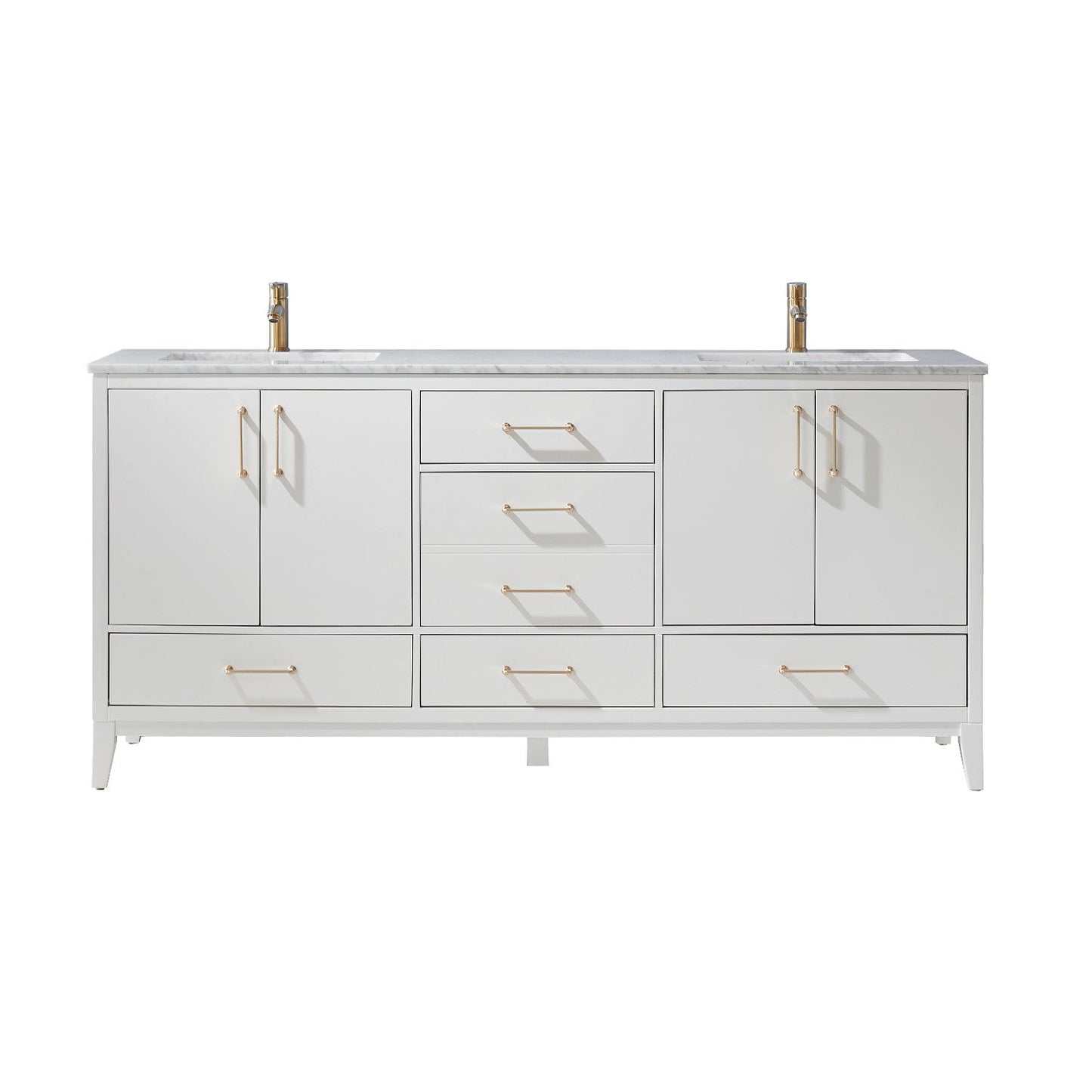 Sutton 72" Double Bathroom Vanity Set in White and Carrara White Marble Countertop without Mirror