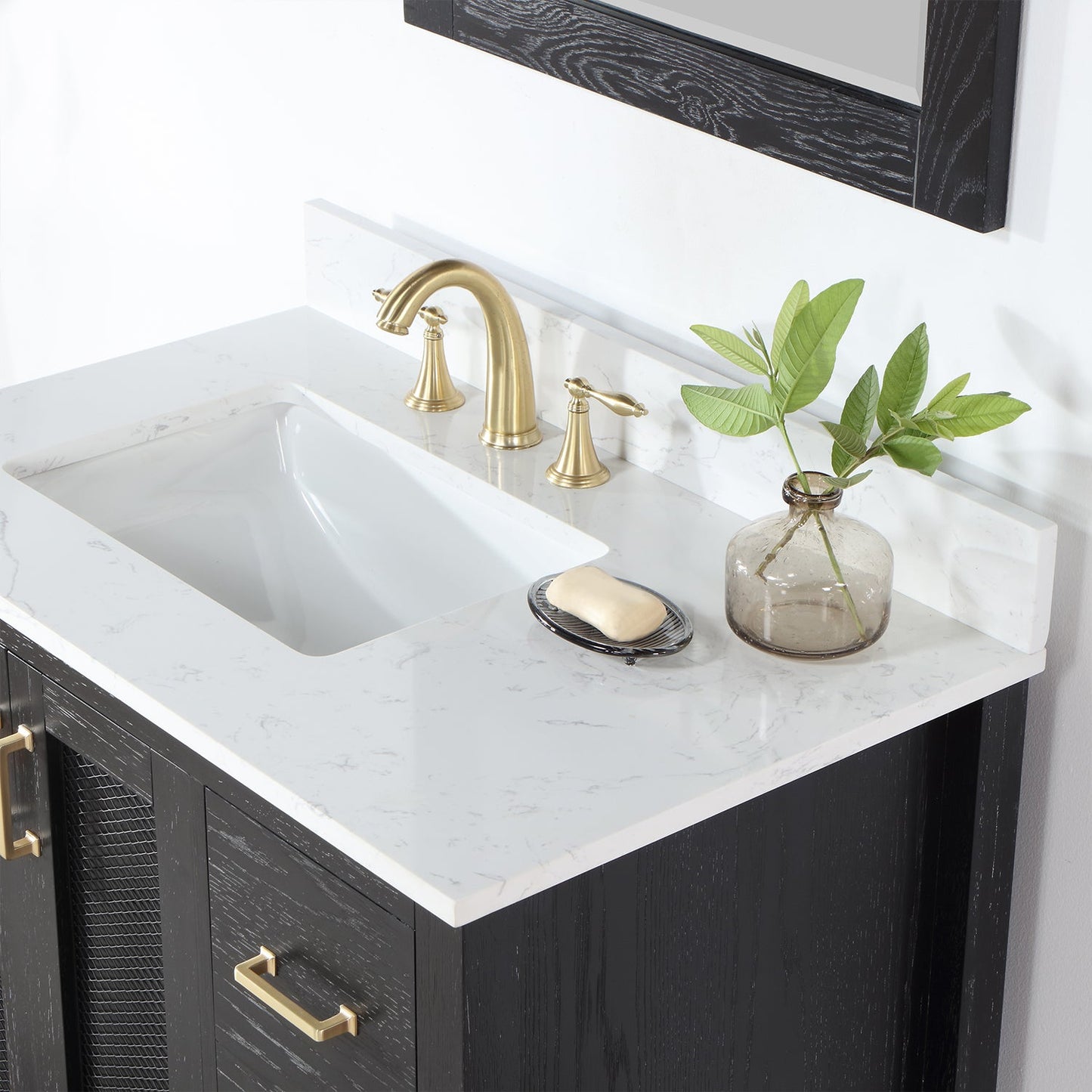 Hadiya 36" Single Bathroom Vanity Set in Black Oak with Aosta White Engineered Stone Countertop with Mirror