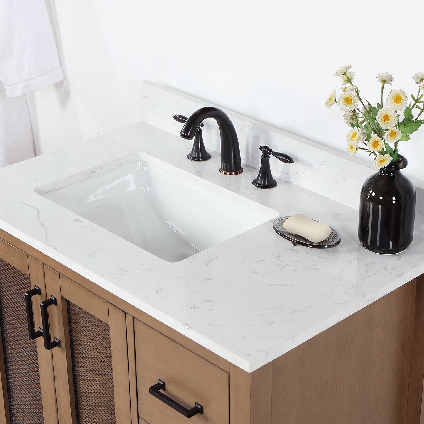 Hadiya 36" Single Bathroom Vanity Set in Brown Pine with Aosta White Engineered Stone Countertop without Mirror
