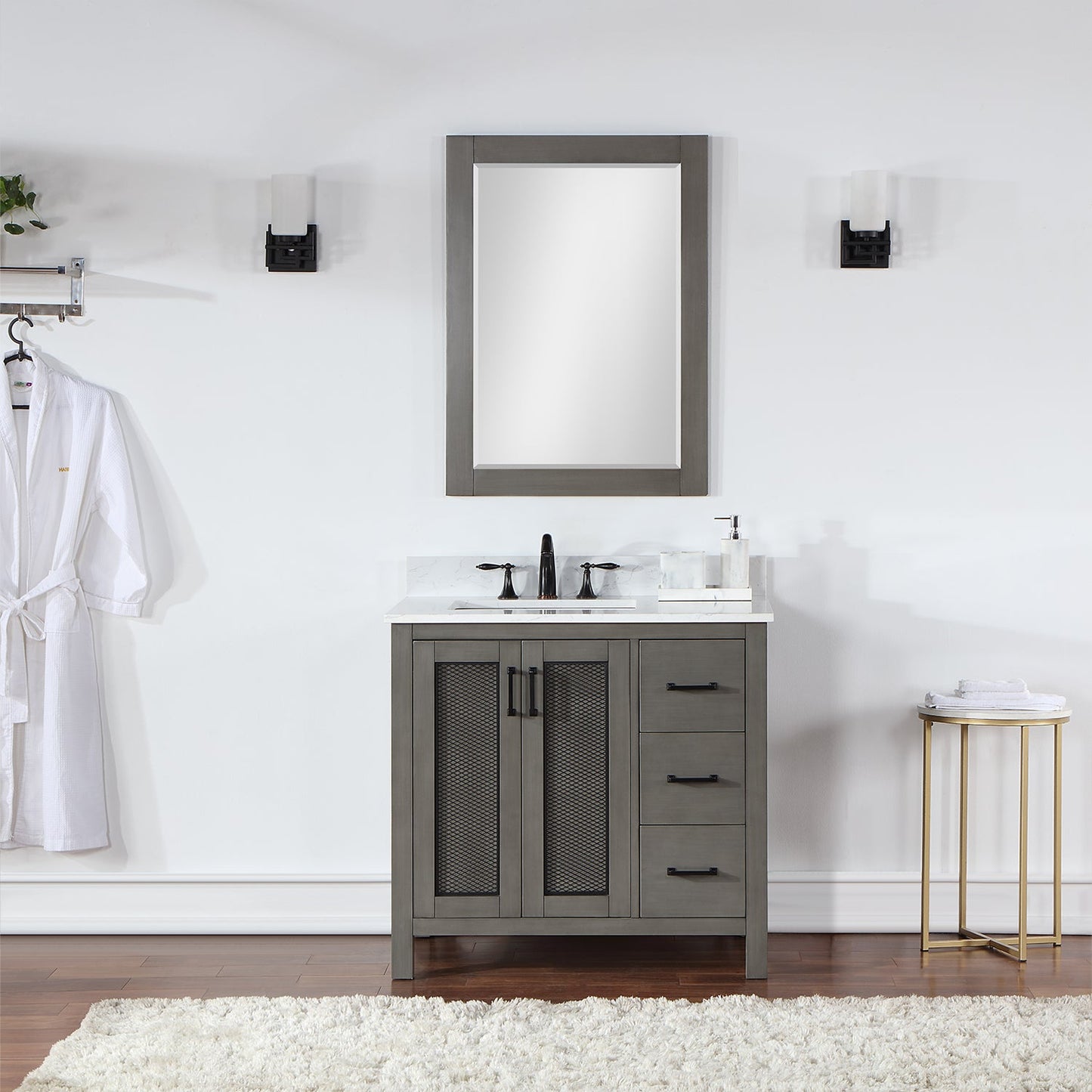 Hadiya 36" Single Bathroom Vanity Set in Gray Pine with Aosta White Engineered Stone Countertop with Mirror