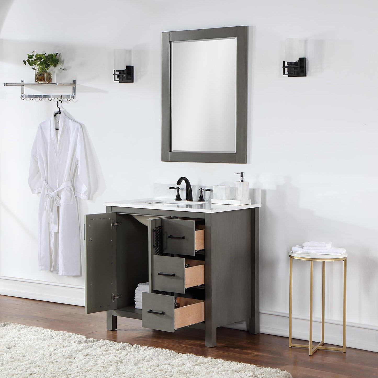 Hadiya 36" Single Bathroom Vanity Set in Gray Pine with Aosta White Engineered Stone Countertop with Mirror