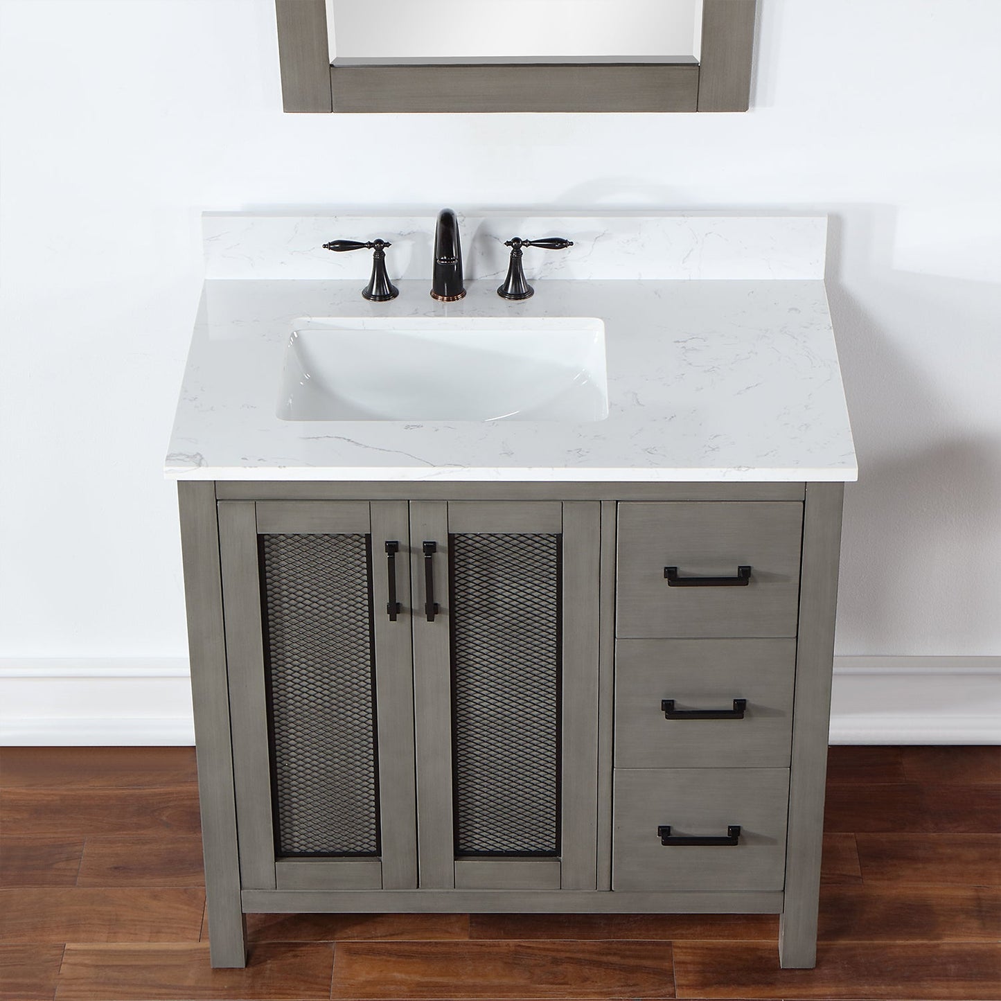 Hadiya 36" Single Bathroom Vanity Set in Gray Pine with Aosta White Engineered Stone Countertop with Mirror