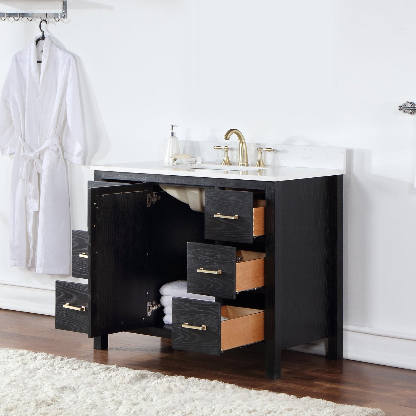 Hadiya 42" Single Bathroom Vanity Set in Black Oak with Aosta White Engineered Stone Countertop without Mirror