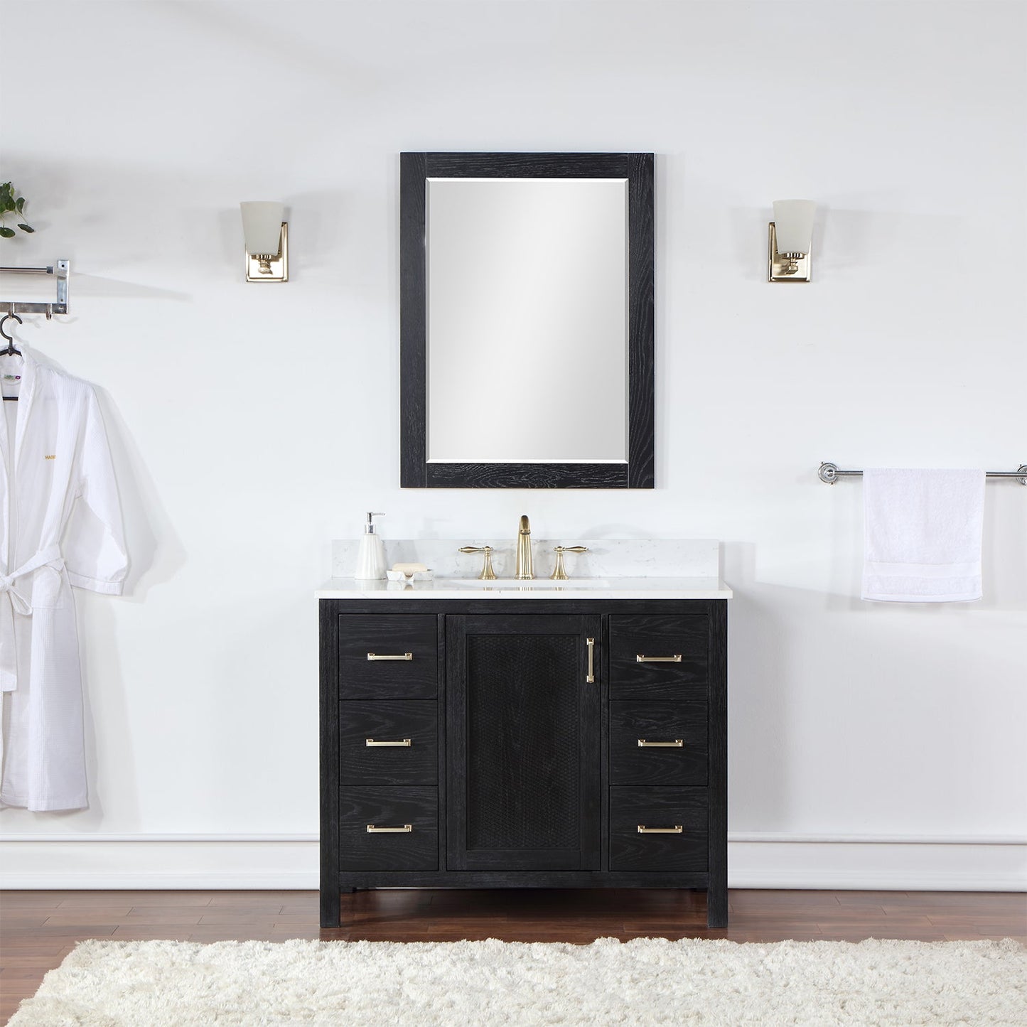 Hadiya 42" Single Bathroom Vanity Set in Black Oak with Aosta White Engineered Stone Countertop with Mirror