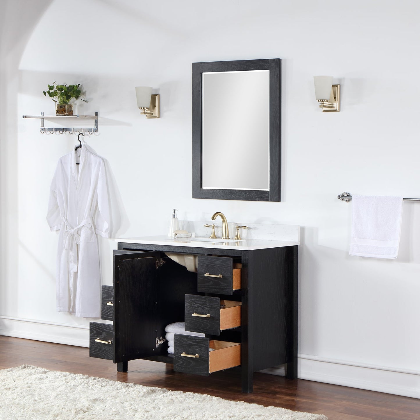Hadiya 42" Single Bathroom Vanity Set in Black Oak with Aosta White Engineered Stone Countertop with Mirror