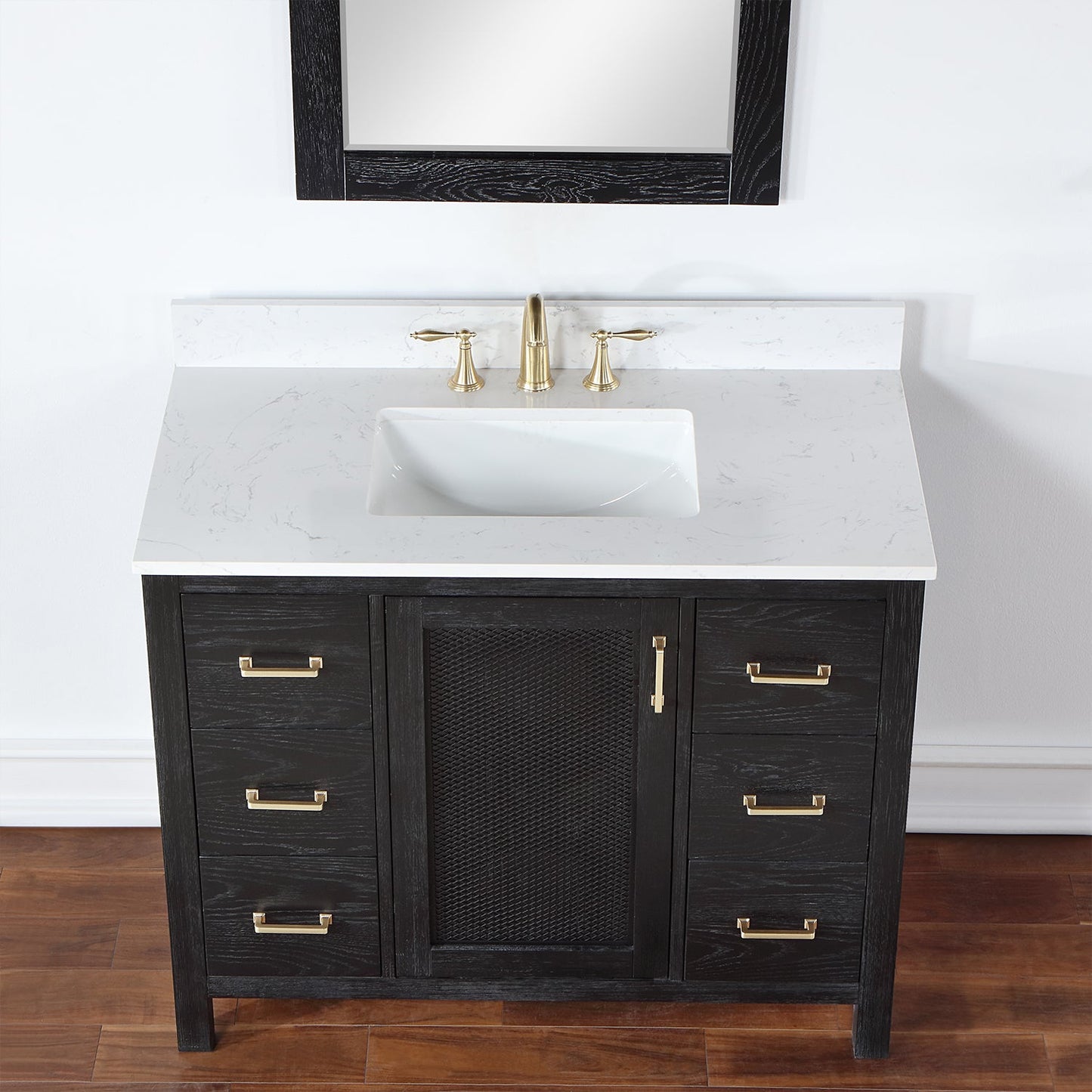 Hadiya 42" Single Bathroom Vanity Set in Black Oak with Aosta White Engineered Stone Countertop with Mirror