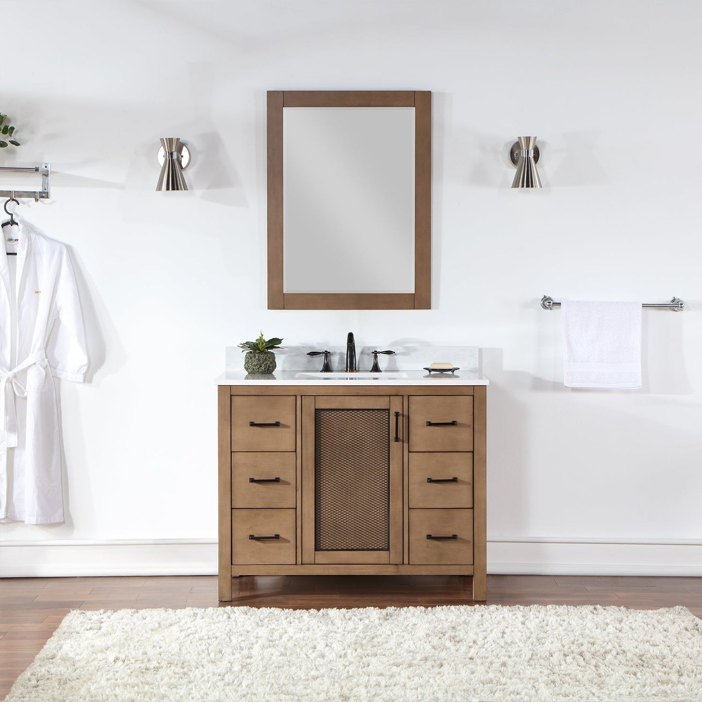 Hadiya 42" Single Bathroom Vanity Set in Brown Pine with Aosta White Engineered Stone Countertop with Mirror