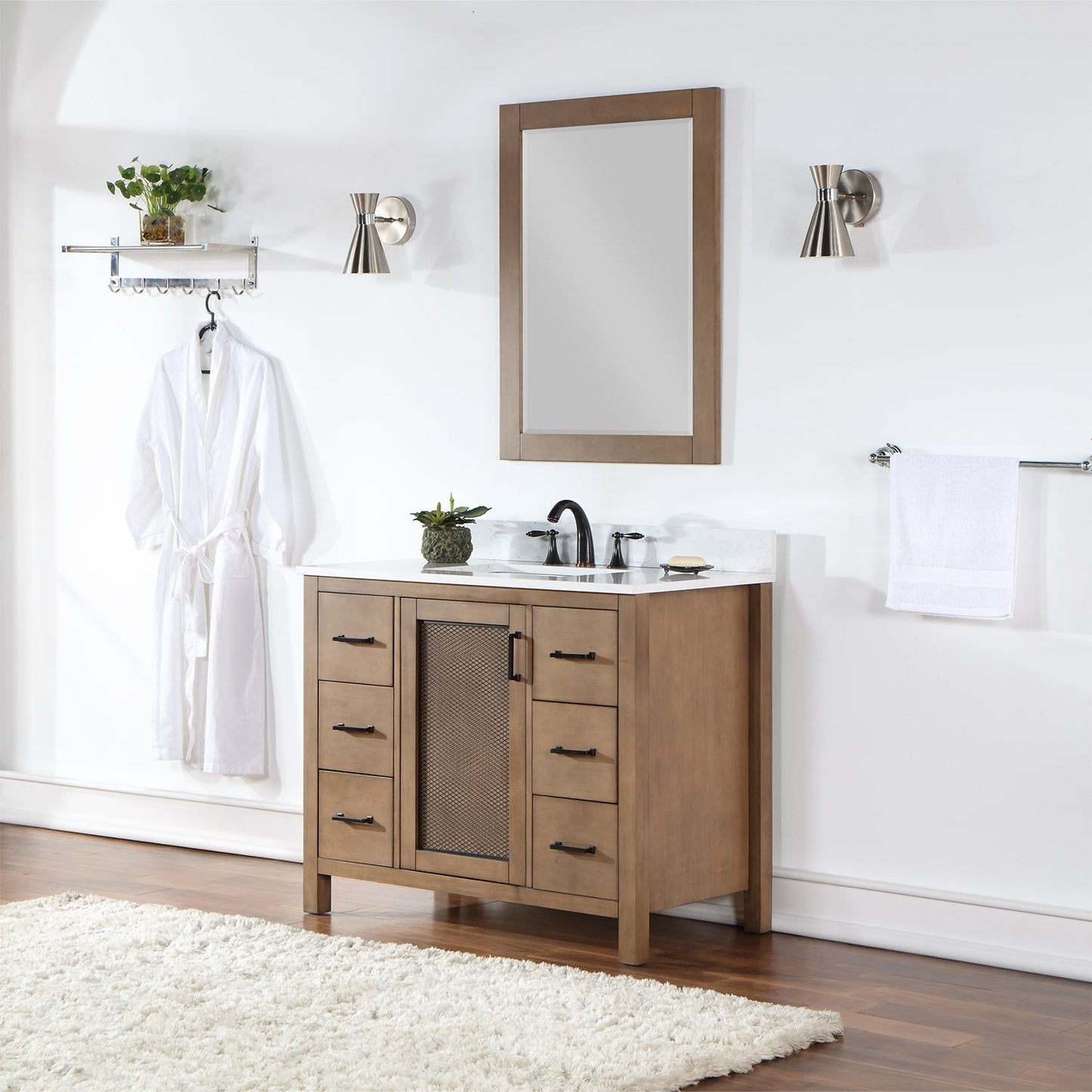 Hadiya 42" Single Bathroom Vanity Set in Brown Pine with Aosta White Engineered Stone Countertop with Mirror