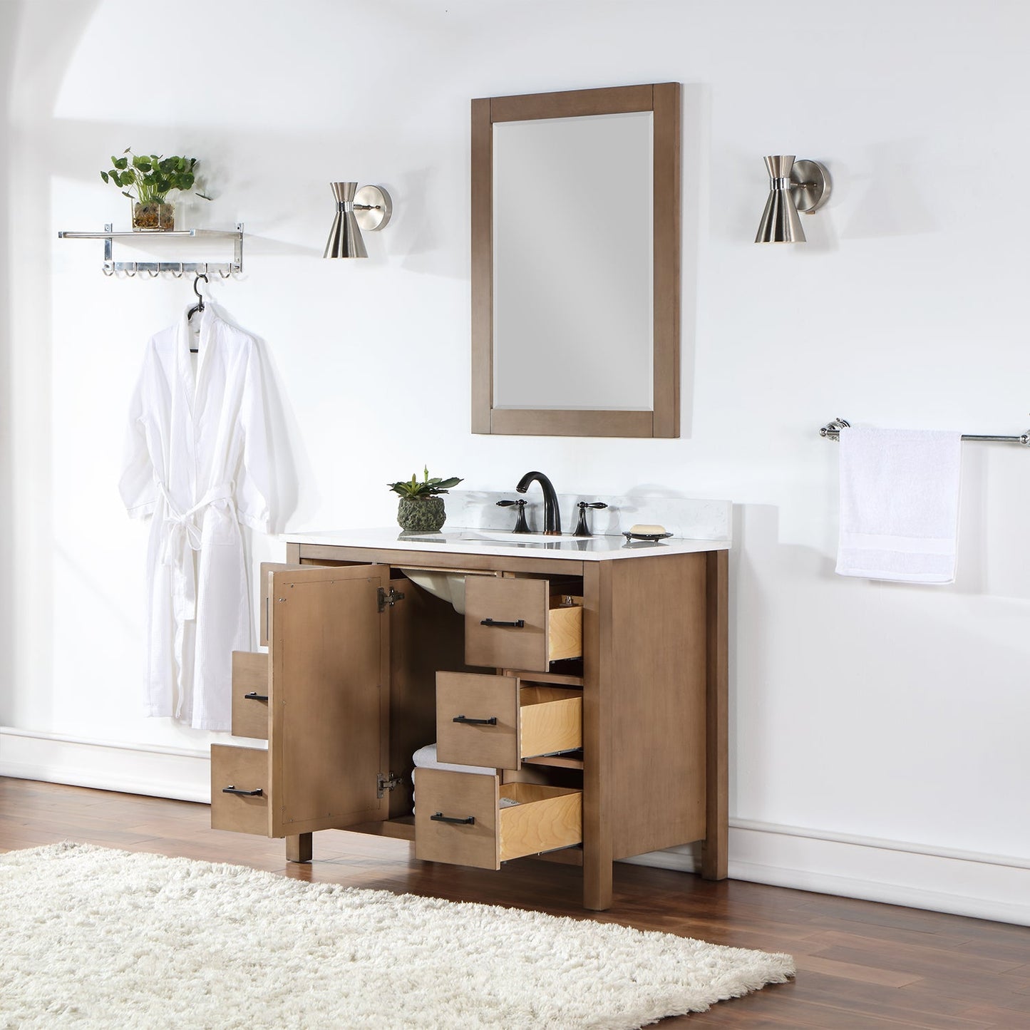 Hadiya 42" Single Bathroom Vanity Set in Brown Pine with Aosta White Engineered Stone Countertop with Mirror