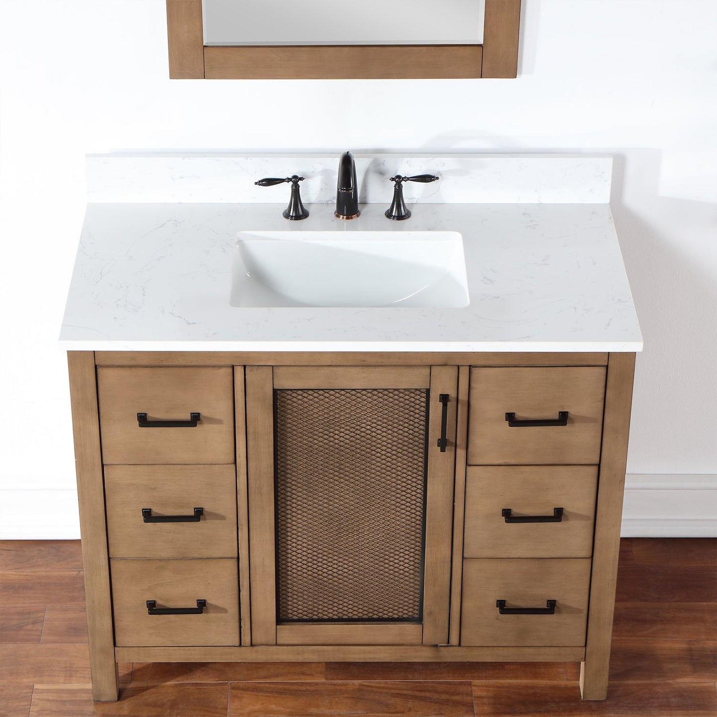 Hadiya 42" Single Bathroom Vanity Set in Brown Pine with Aosta White Engineered Stone Countertop with Mirror