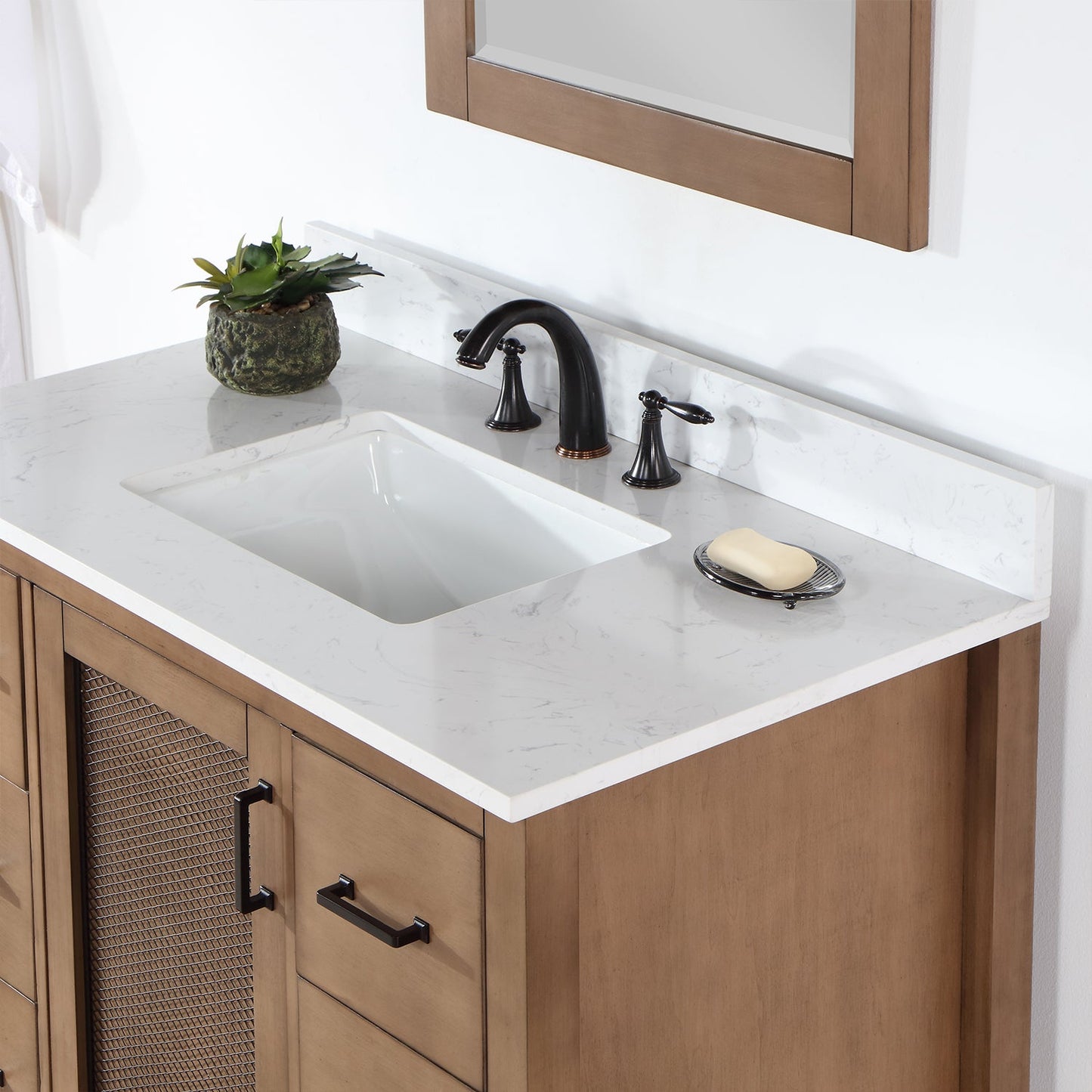 Hadiya 42" Single Bathroom Vanity Set in Brown Pine with Aosta White Engineered Stone Countertop with Mirror