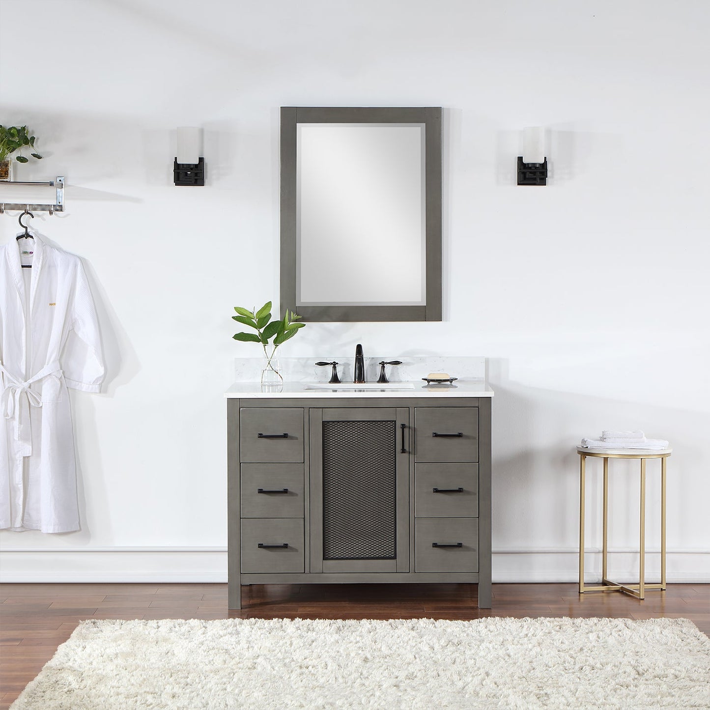 Hadiya 42" Single Bathroom Vanity Set in Gray Pine with Aosta White Engineered Stone Countertop with Mirror