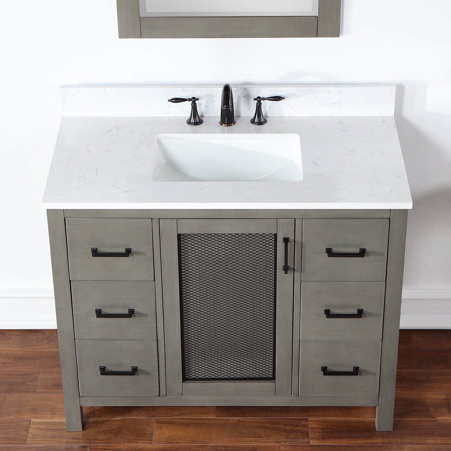 Hadiya 42" Single Bathroom Vanity Set in Gray Pine with Aosta White Engineered Stone Countertop with Mirror