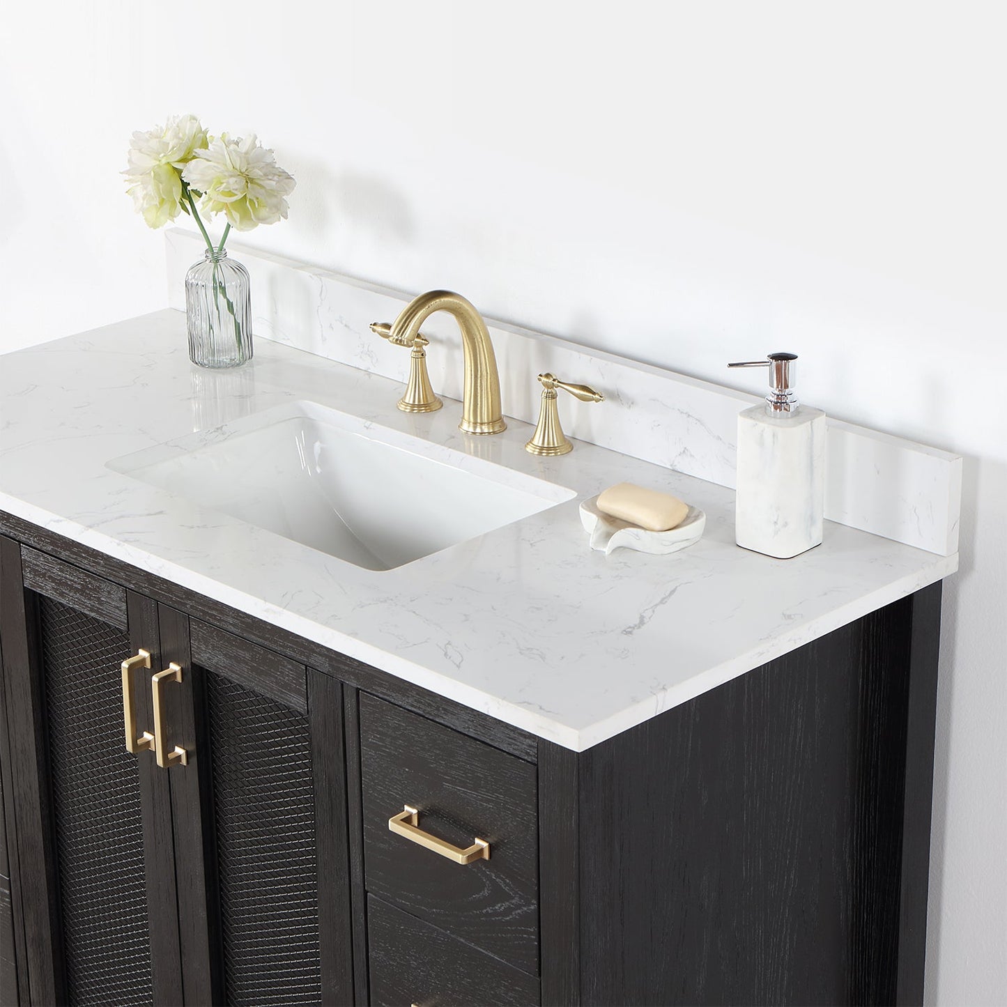 Hadiya 48" Single Bathroom Vanity Set in Black Oak with Aosta White Engineered Stone Countertop without Mirror
