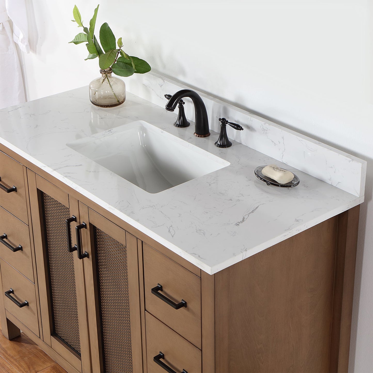 Hadiya 48" Single Bathroom Vanity Set in Brown Pine with Aosta White Engineered Stone Countertop without Mirror