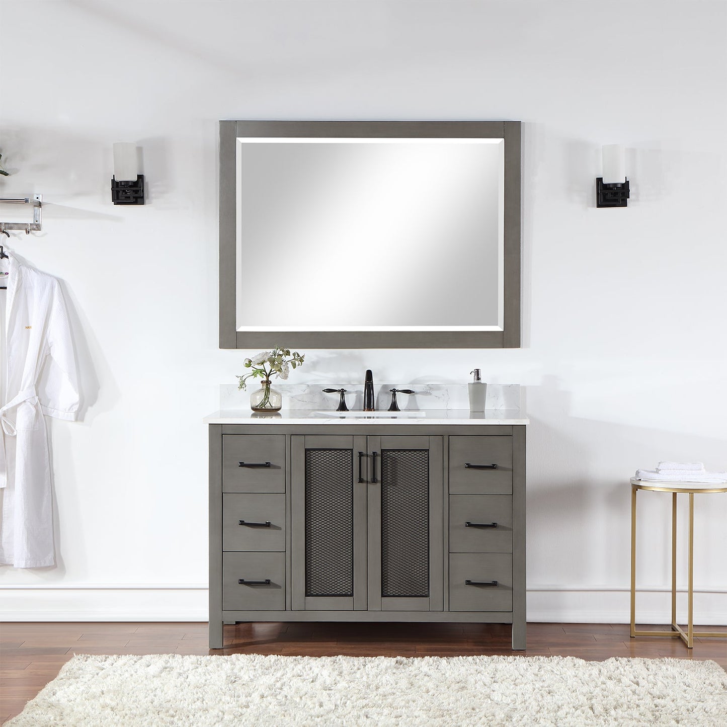 Hadiya 48" Single Bathroom Vanity Set in Gray Pine with Aosta White Engineered Stone Countertop with Mirror