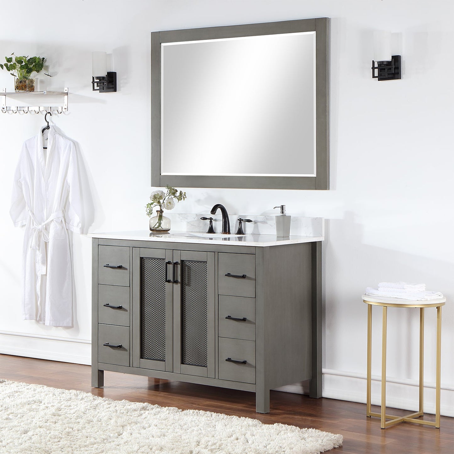 Hadiya 48" Single Bathroom Vanity Set in Gray Pine with Aosta White Engineered Stone Countertop with Mirror