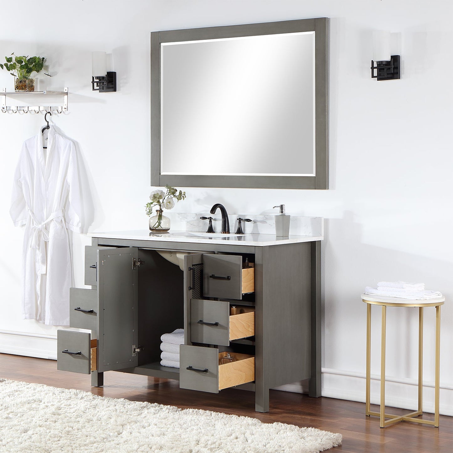 Hadiya 48" Single Bathroom Vanity Set in Gray Pine with Aosta White Engineered Stone Countertop with Mirror