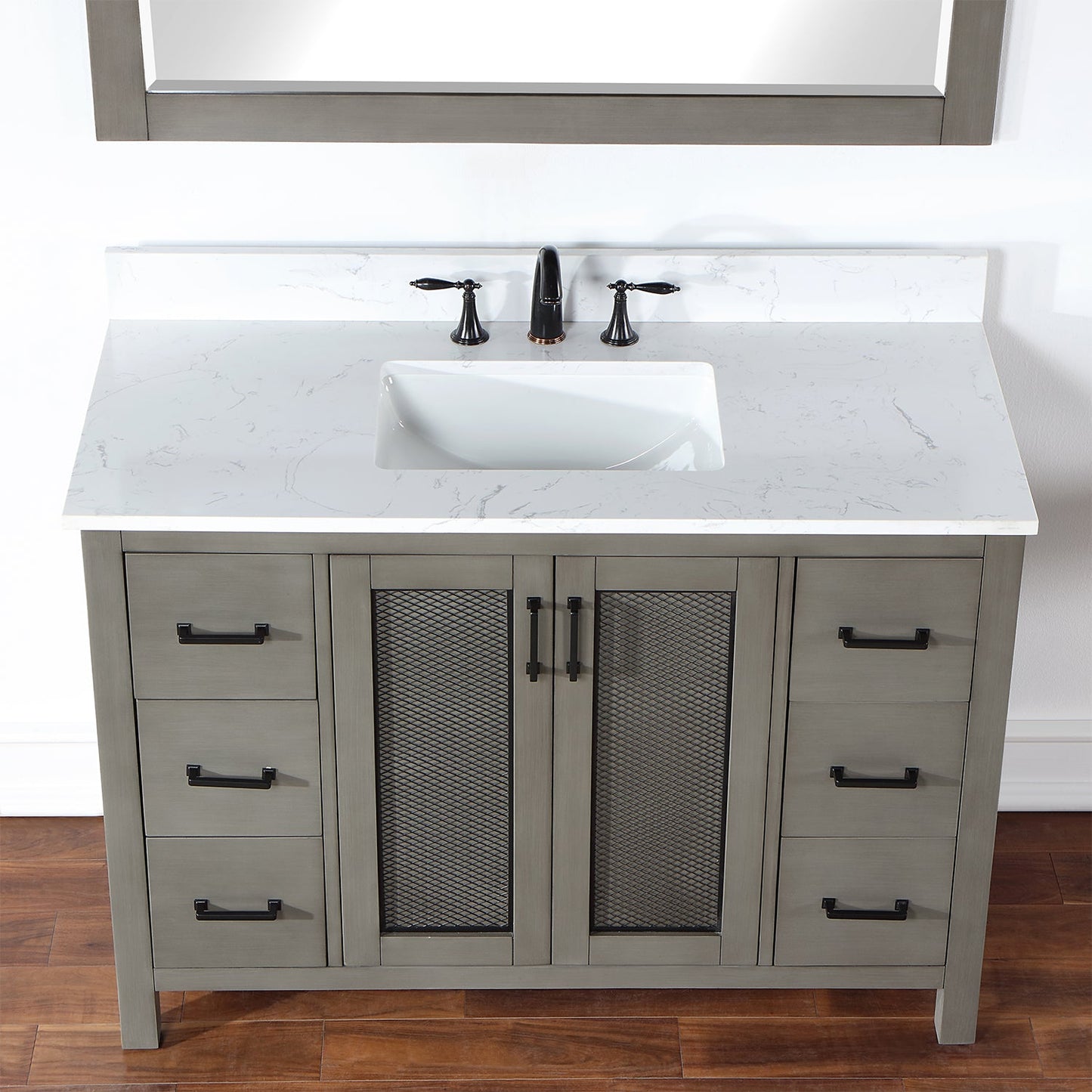 Hadiya 48" Single Bathroom Vanity Set in Gray Pine with Aosta White Engineered Stone Countertop with Mirror
